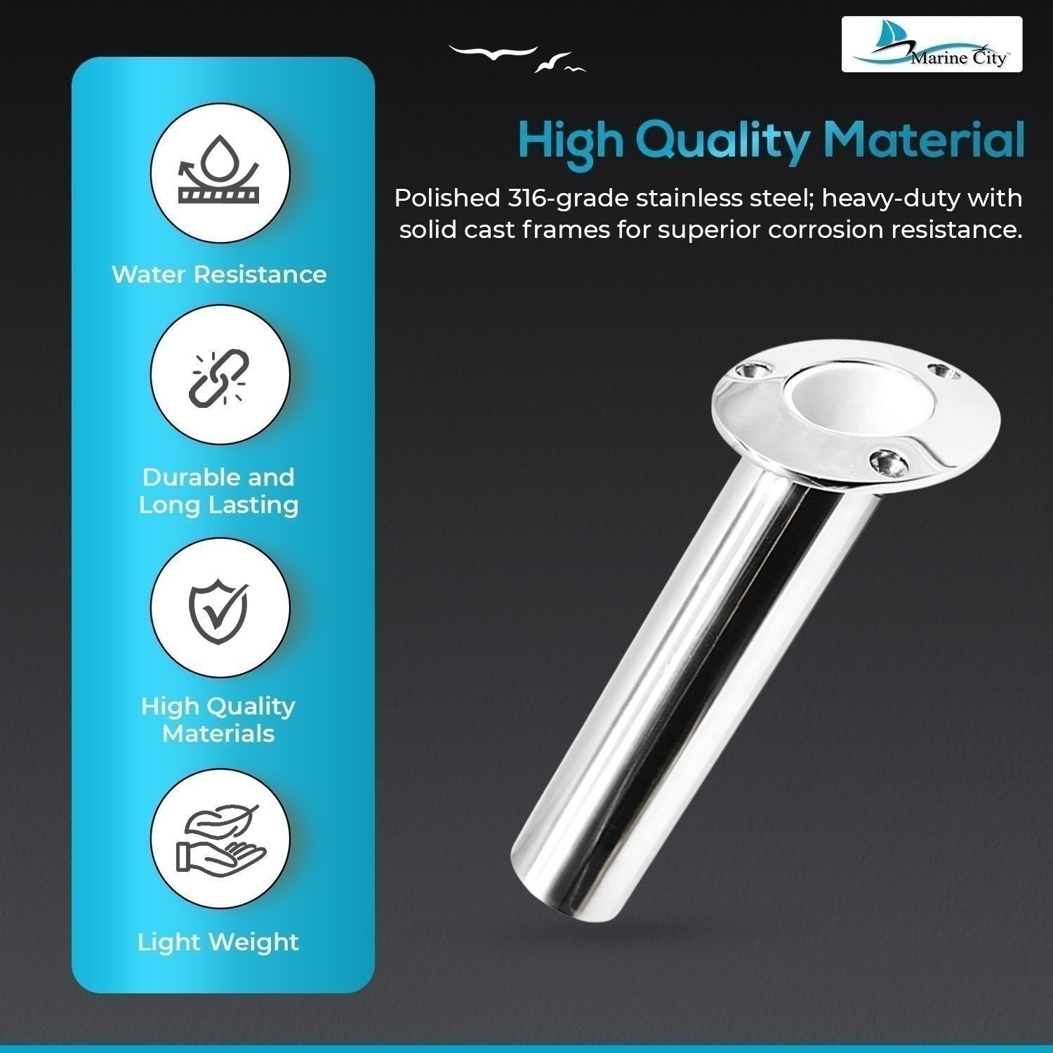 Marine City 316 Stainless Steel Fishing Rod Holder Drain Flush Mount 30° Angle