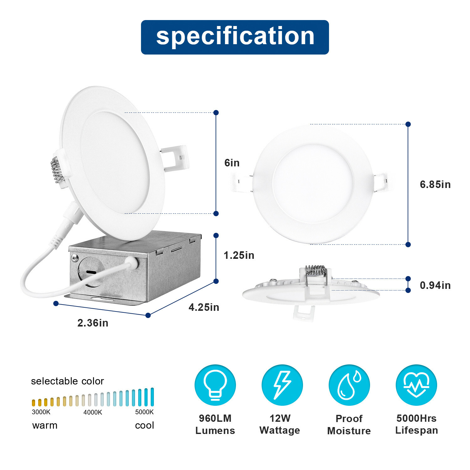 30 Pack 6 Inch 12W 5CCT LED Recessed Ceiling Down Light W/Junction Box Dimmable