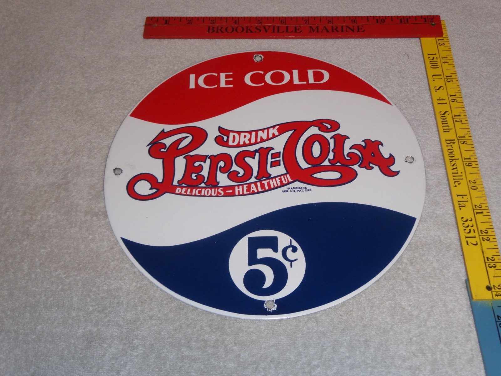 VINTAGE DRINK PEPSI COLA 5 CENTS! 11 3/4" PORCELAIN METAL SODA GASOLINE OIL SIGN