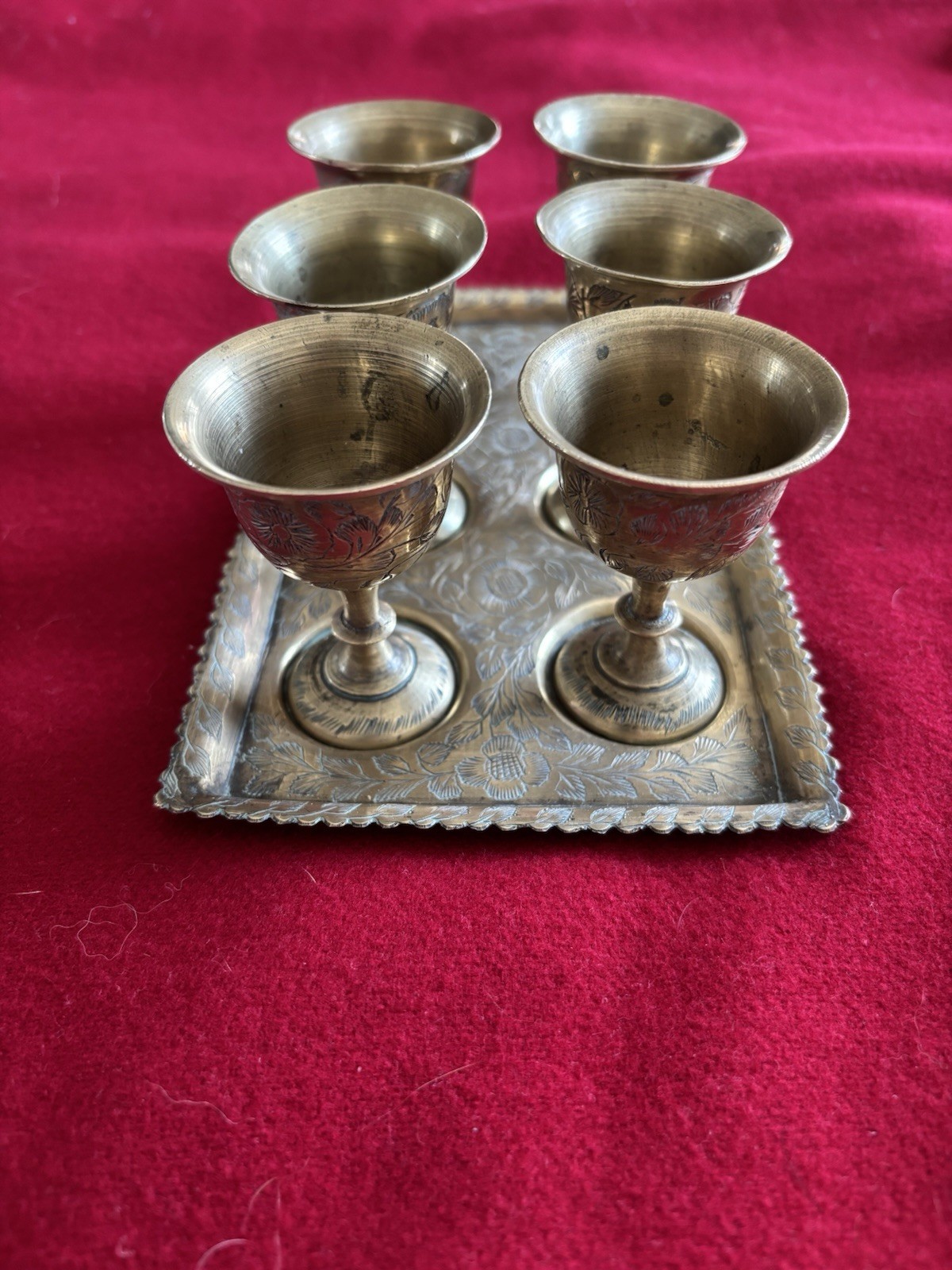 Vintage Indian Brass Tray + 6 Etched Mini Goblets Cordial Set Made in India