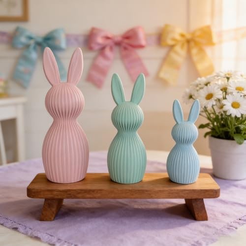 Pack Pastel Easter Bunny Figurines, Resin Rabbit Statues, Minimalist 3