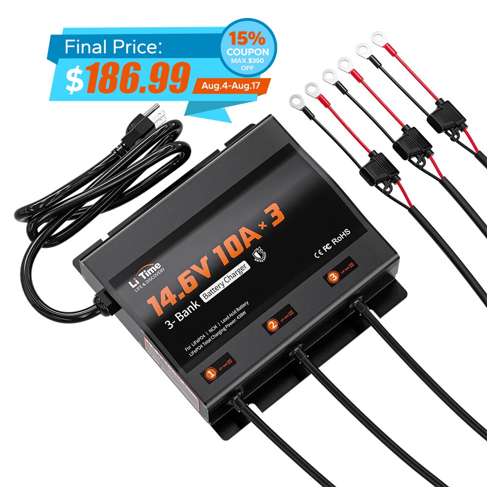 LiTime 14.6V 10A* 3 Bank Smart Charger IP65 for Marine LiFePO4 Lead Acid Battery
