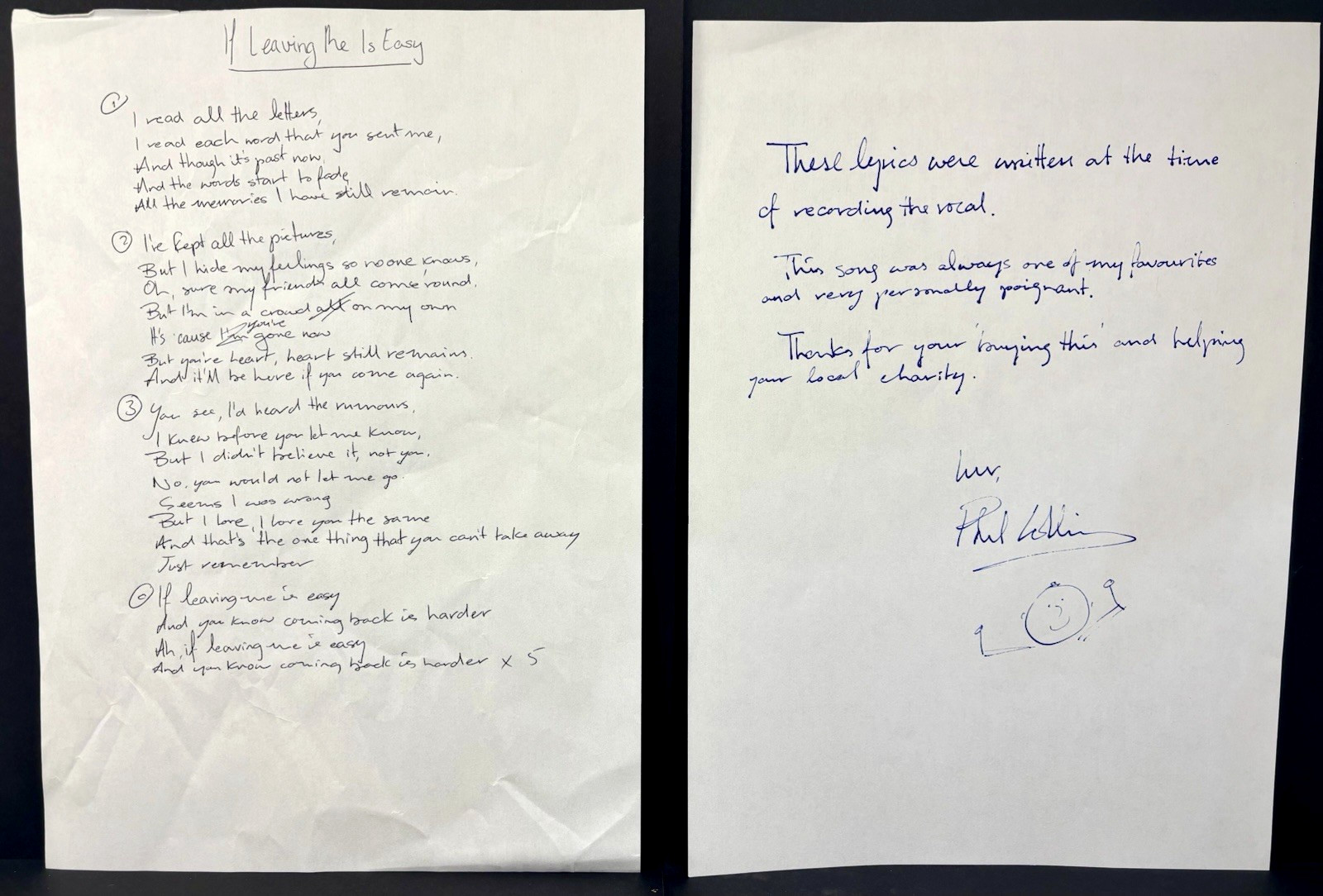 1981 Phil Collins Original Handwritten  Face Value Song Lyrics w/ Signed Letter