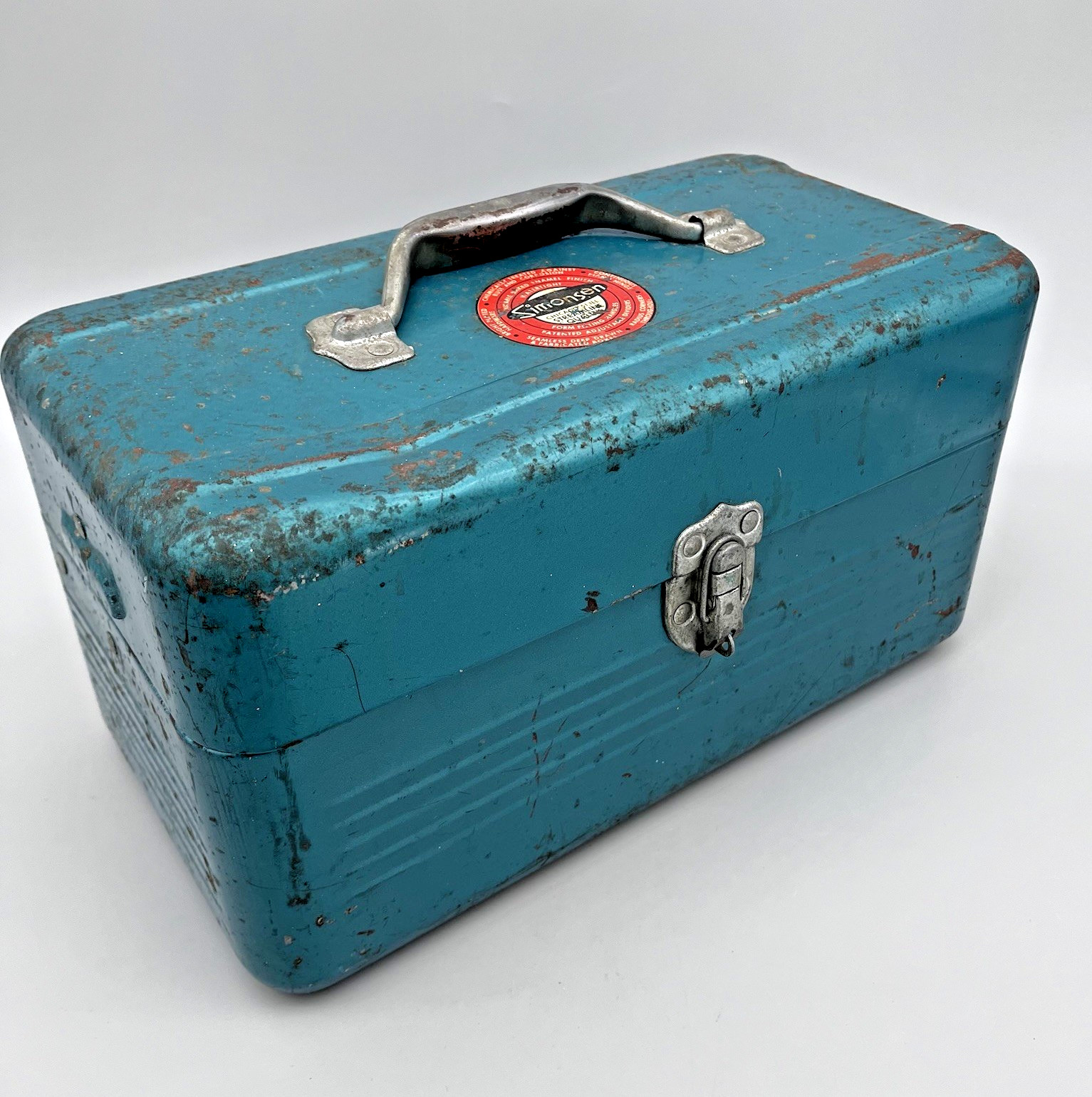 VTG Simonsen Green Teal Metal Tool Tackle Box 14" x 8" 2 Trays Industrial Patina