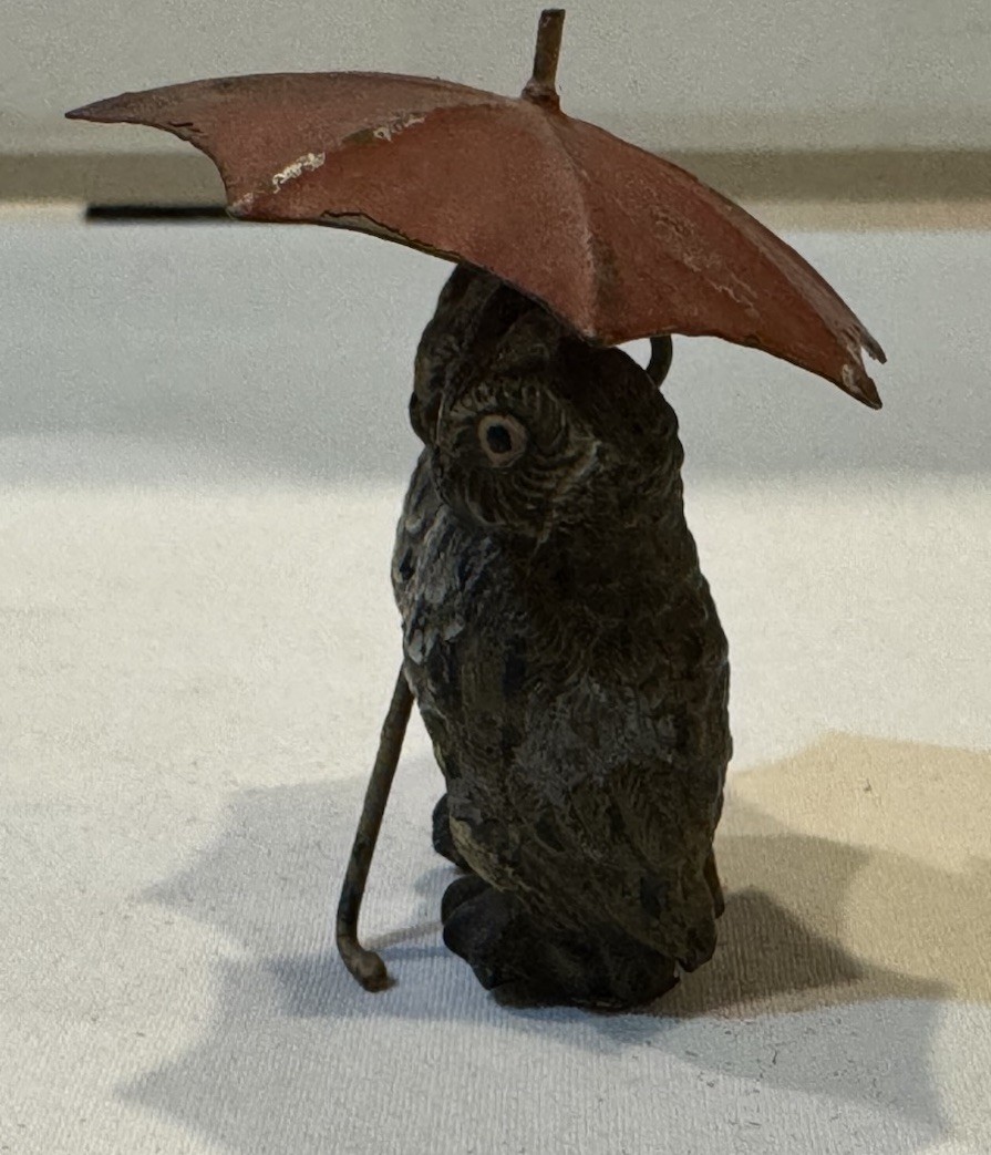 Antique Austrian Bronze Pair of Owls with Red Umbrella- Hand Painted 2in