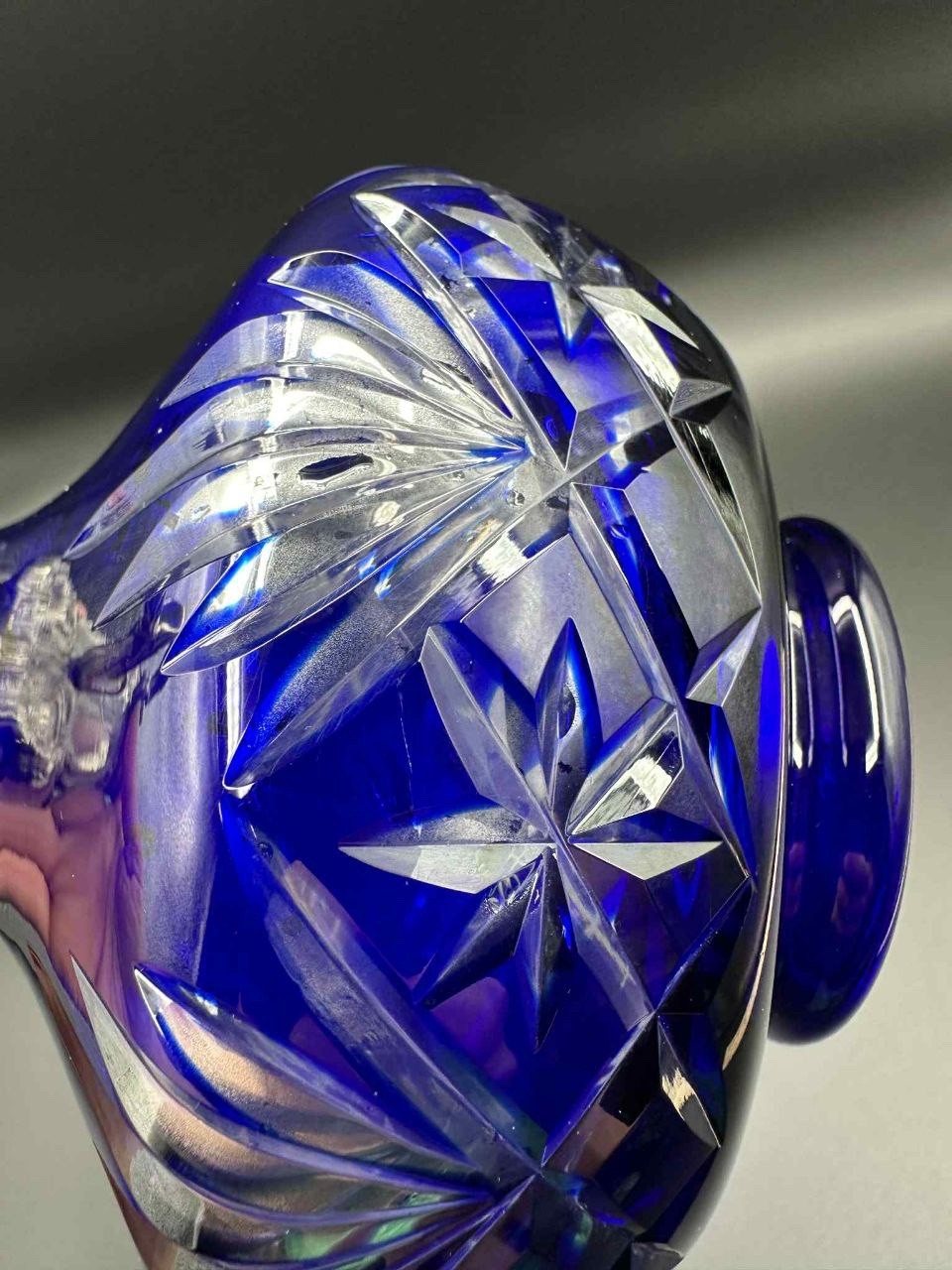 Antique Bohemian Cobalt Cut Glass Pitcher Pewter Mounted Art Nouveau 8.75”