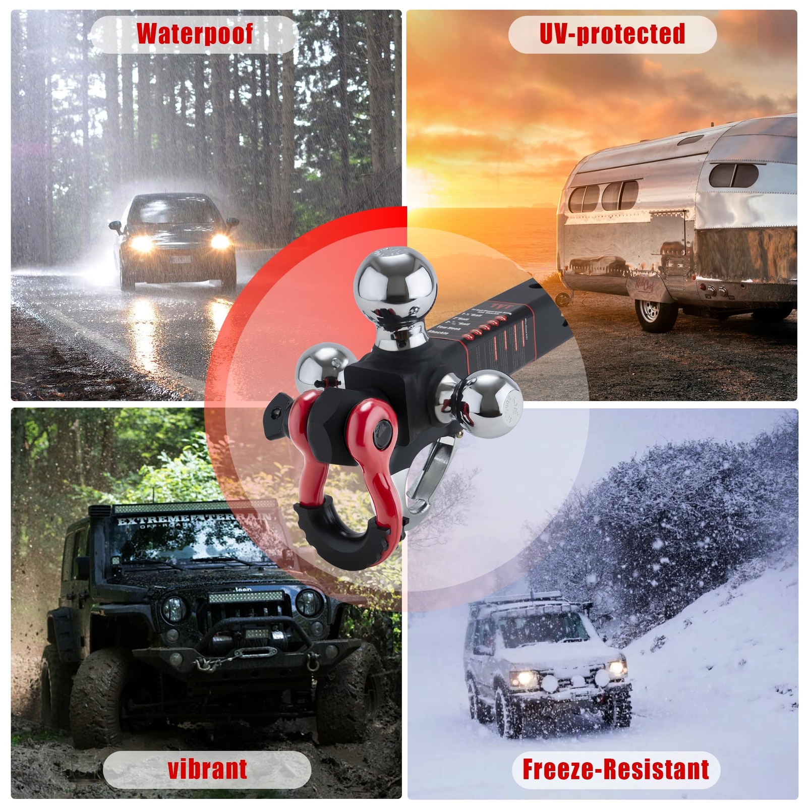 Tri Ball Hitch Trailer Mount w/ Lock, Tow Hook & Clevis Shackle Fits 2" Receiver