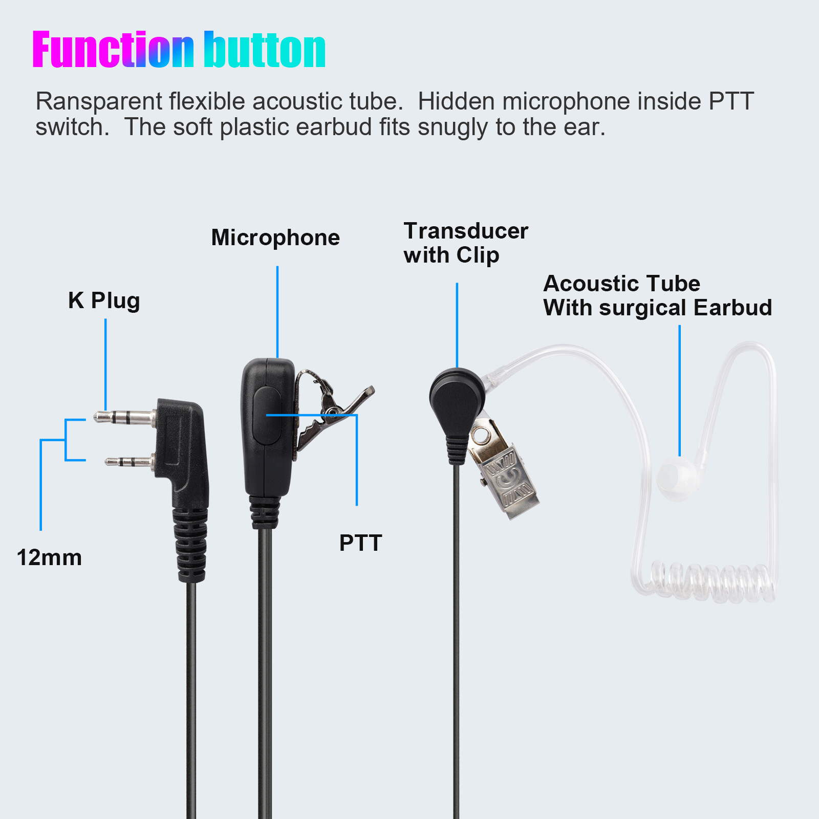 2Pin Acoustic Tube Walkie Talkie Earpiece Headset Mic PTT Two-way Security Radio