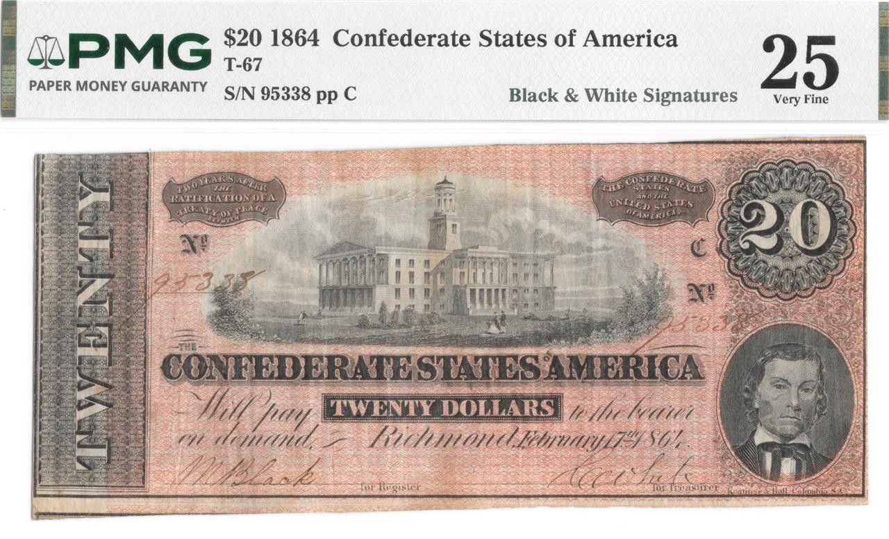 T-67 1864 $20 Confederate Note Signed by Black & White PMG VF 20 Nice Red Shade