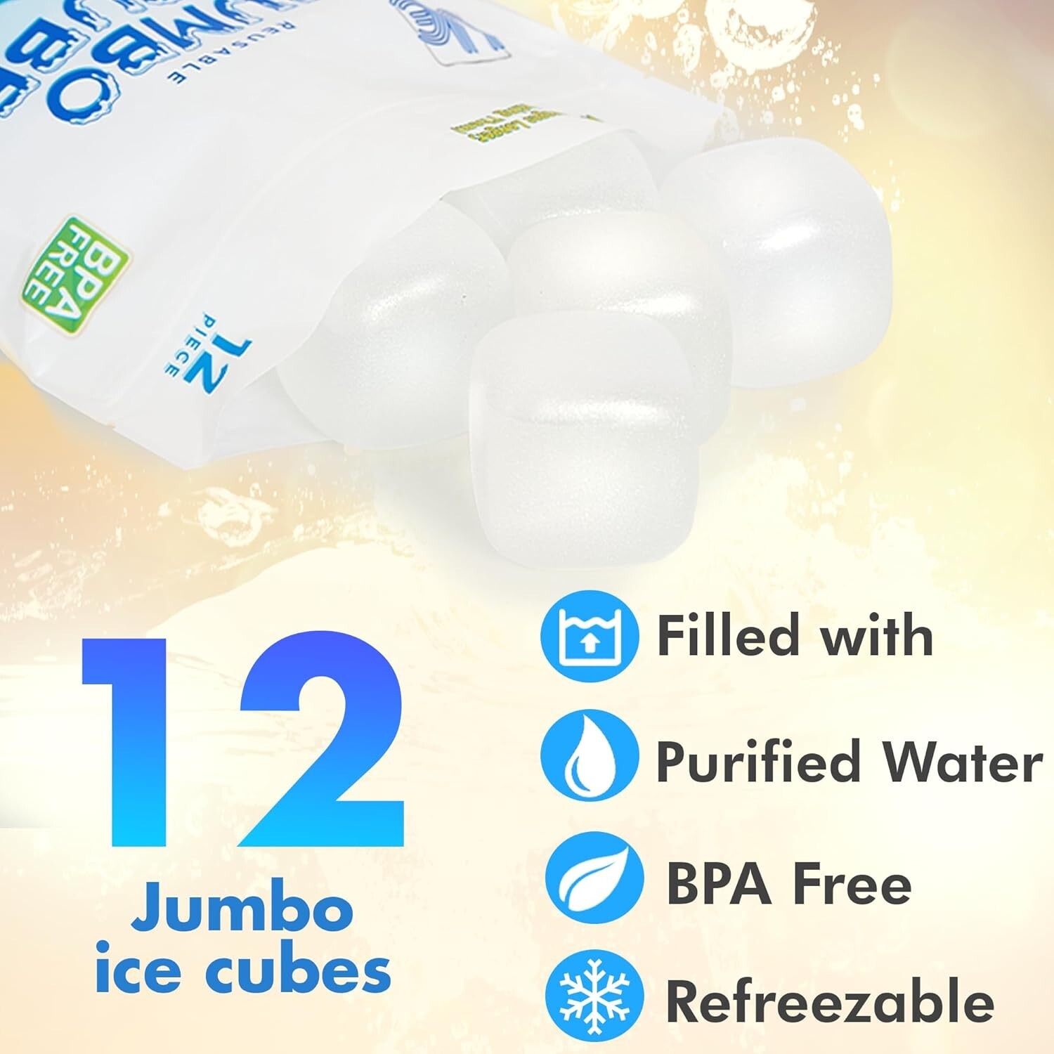 12 Pack JUMBO Reusable Plastic Ice Cubes Quick Freeze Clear 2" Square