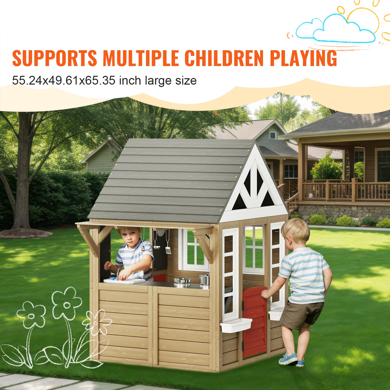 Uimoso Outdoor Wooden Playhouse Kids Garden Games Cottage with Door Window Sink