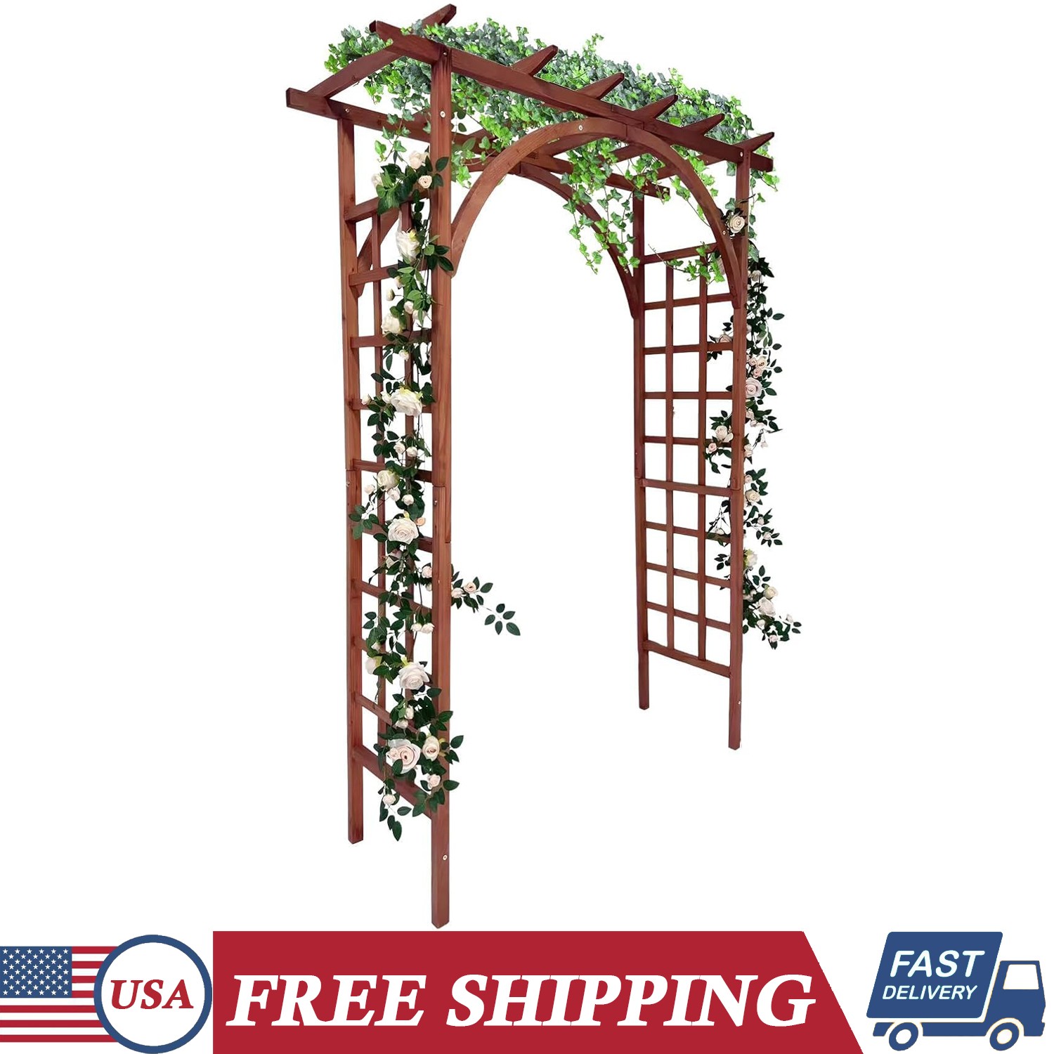 7 ft Wooden Garden Arbor Arch Trellis w/ Arched and Flat Top for Outdoor Walkway