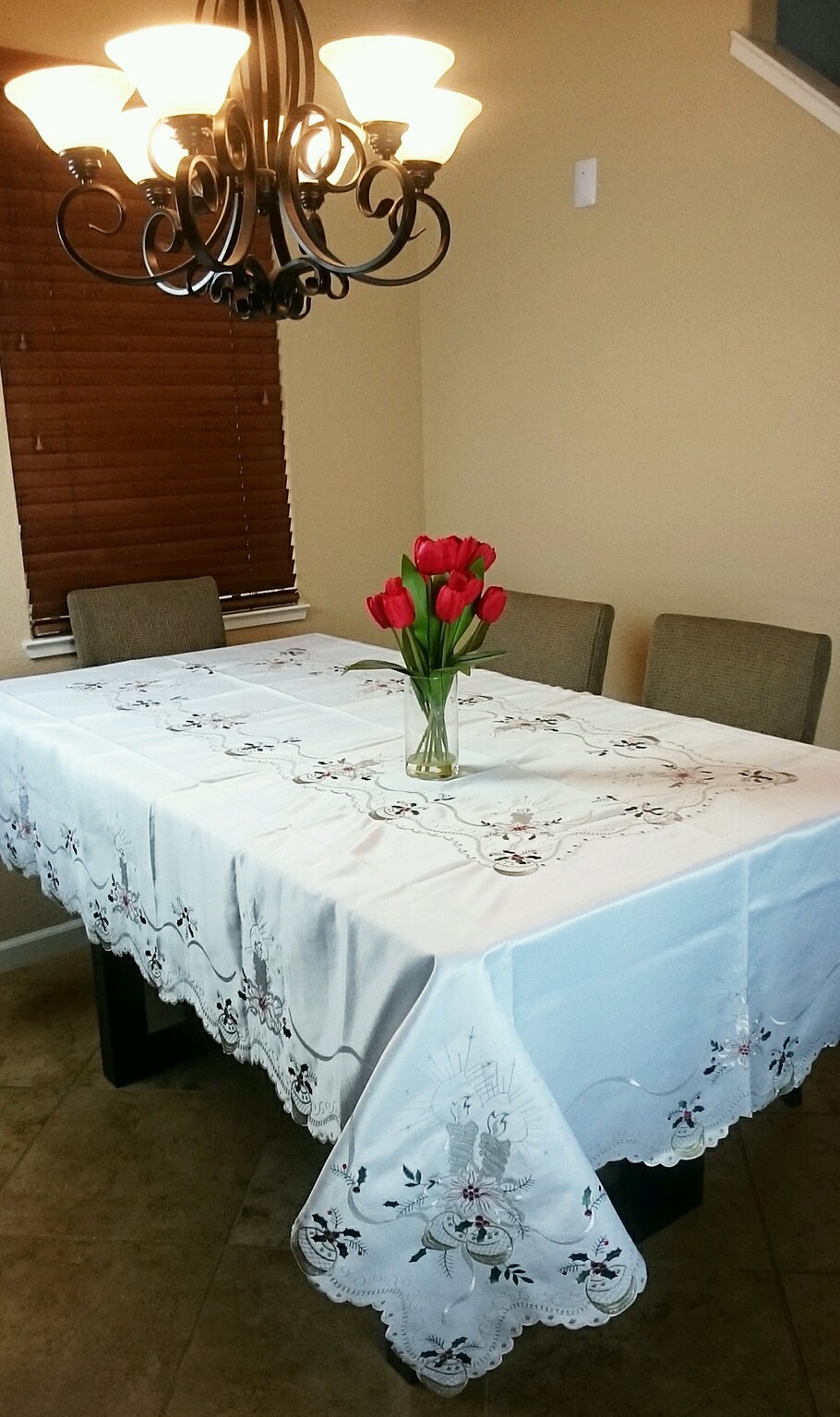 72x144" Embroidery Silver White Candle Ornament Christmas Tablecloth 12 Napkins