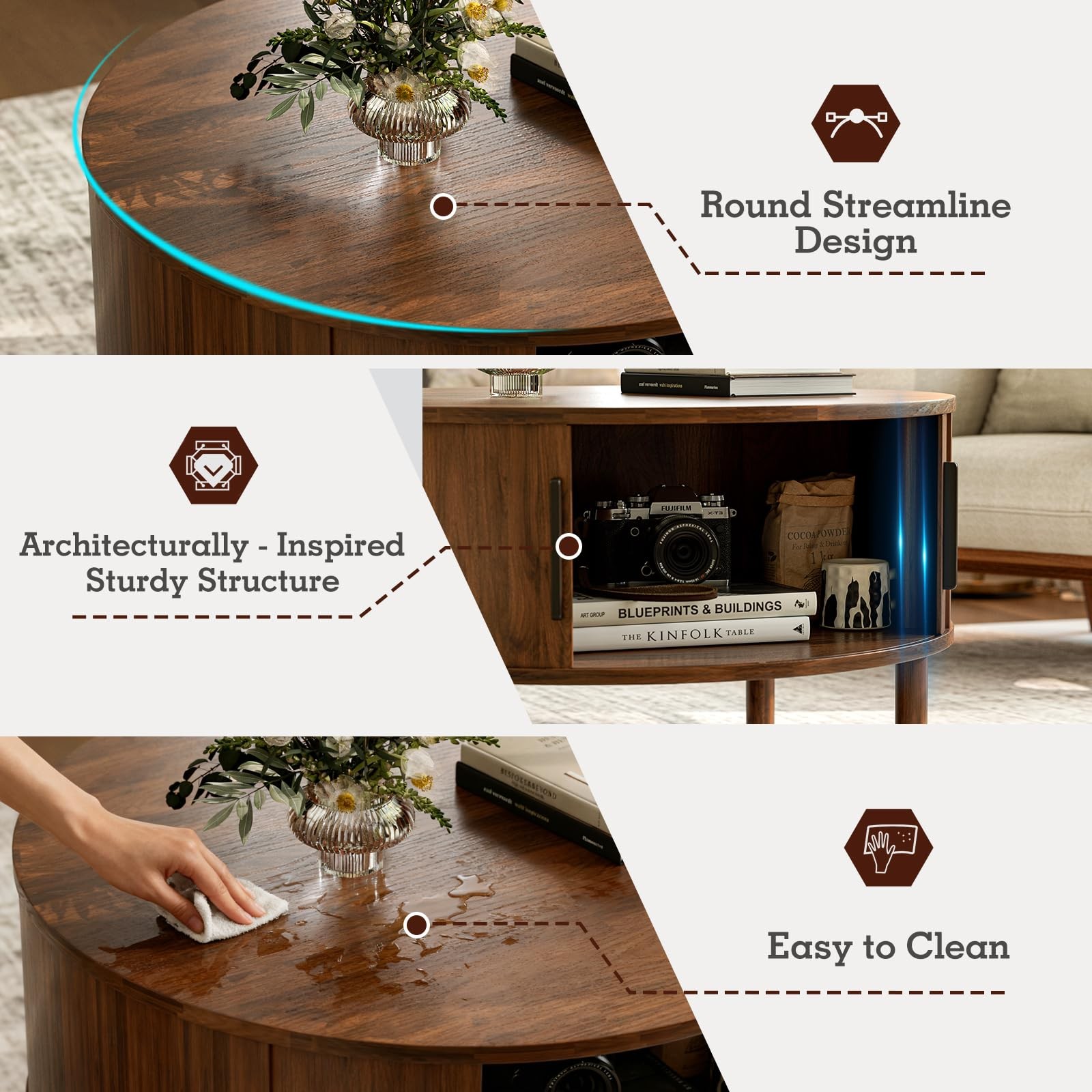 Coffee Table for Living Room, Modern Round Coffee Table with Cabinets & Slidi...