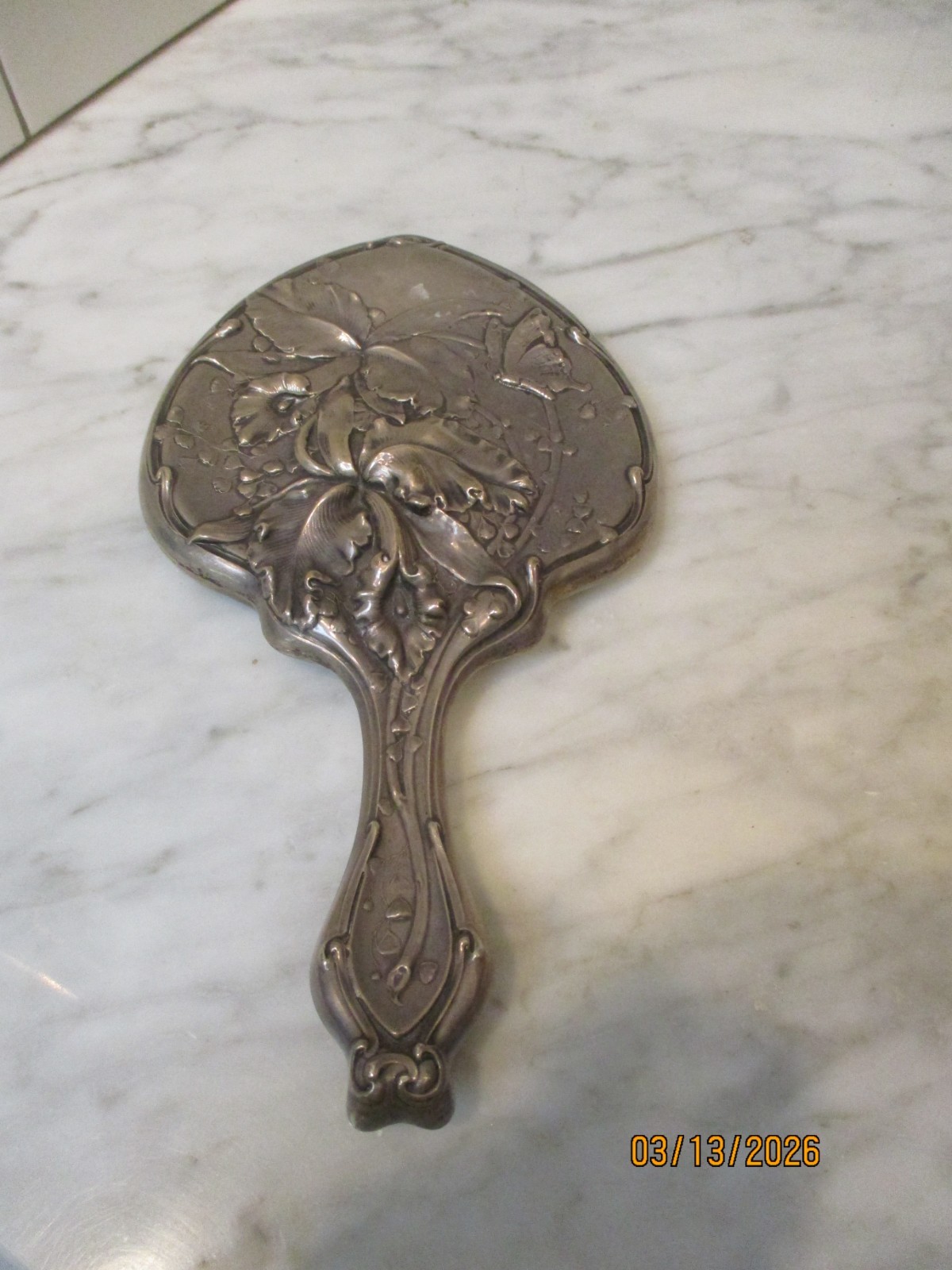 Antique Art Nouveau Sterling Silver Hand Mirror Embossed Flowers & Butterfly