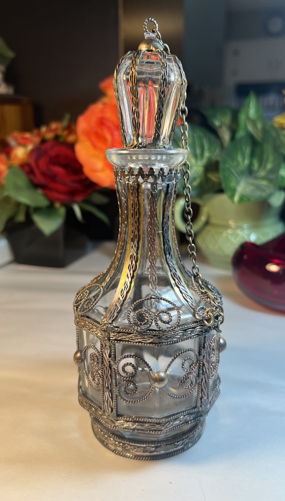 VTG GLASS BOTTLE SILVER PLATED, BRASS, COPPER OVERLAY BOTTLE 1900's UNIQUE