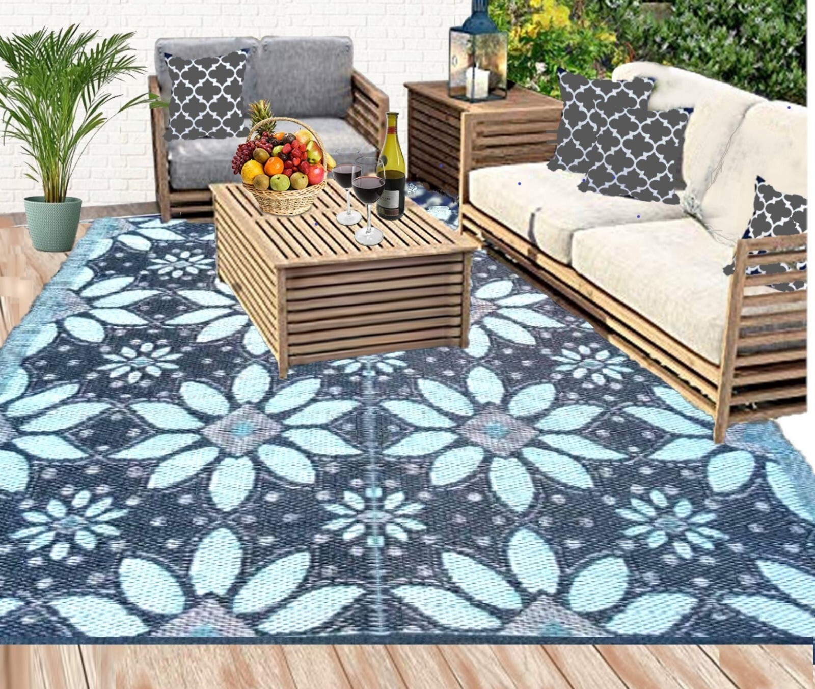 Outdoor rugs Plastic straw patio rugs 5x7 ft. Blue, Black, Grey Used For Display
