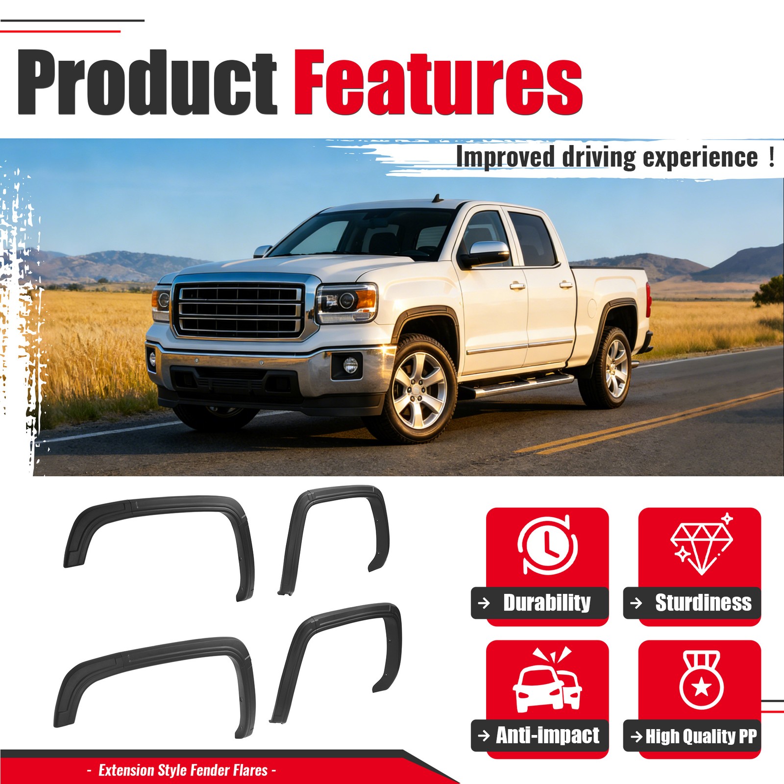 Fender Flare Kit For 2014-2015 GMC Sierra 1500 Textured Plastic Black