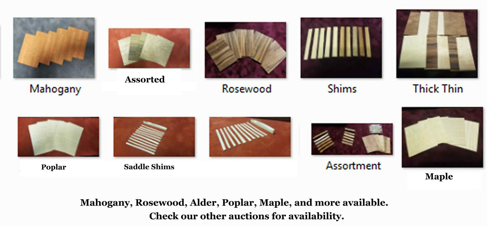 10) REAL WOOD GUITAR SHIMS ASSORTMENT 5) NUT SHIMS, 5) SADDLE SHIMS