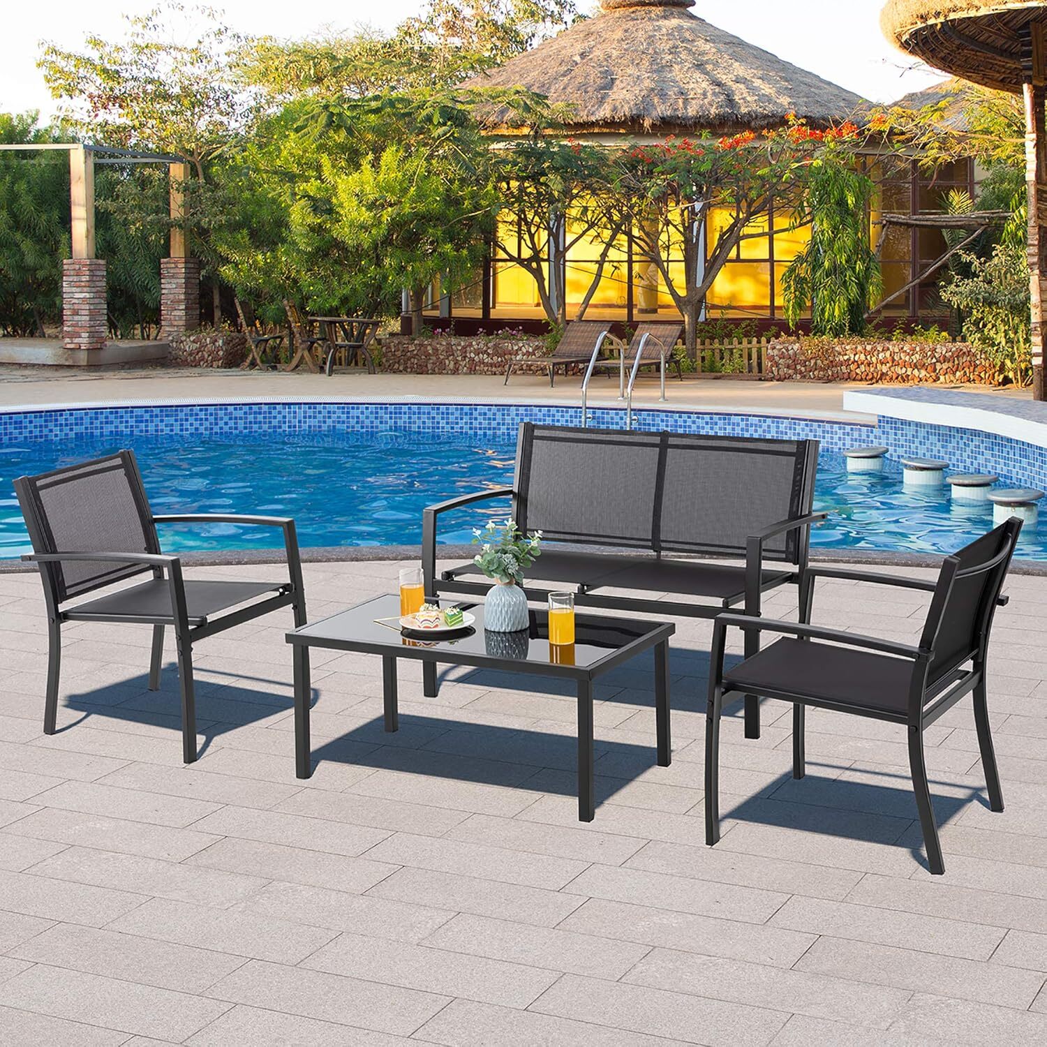 Vongrasig 4 Pieces Patio Furniture Sets,Outdoor Patio Conversation Sets(Black)
