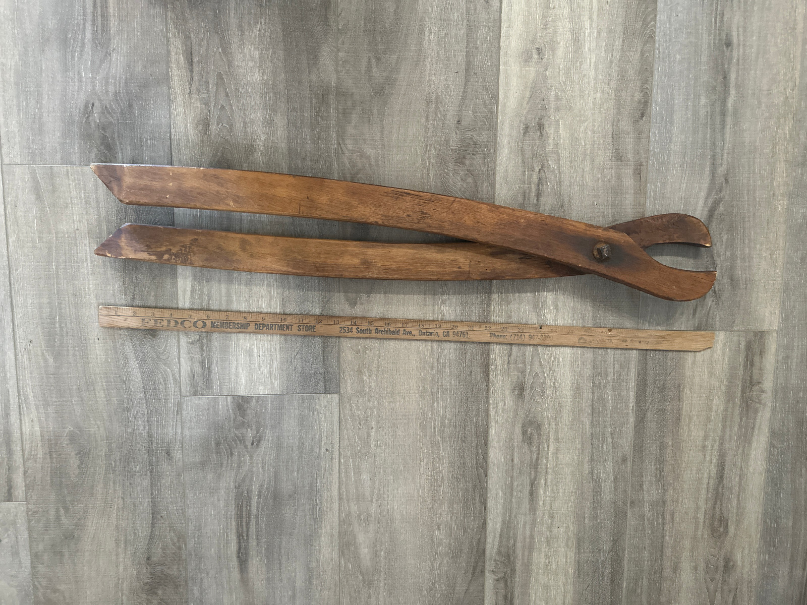 Lot of 7 vintage tools farm antique wooden tongs pliers scythe hooker plunger