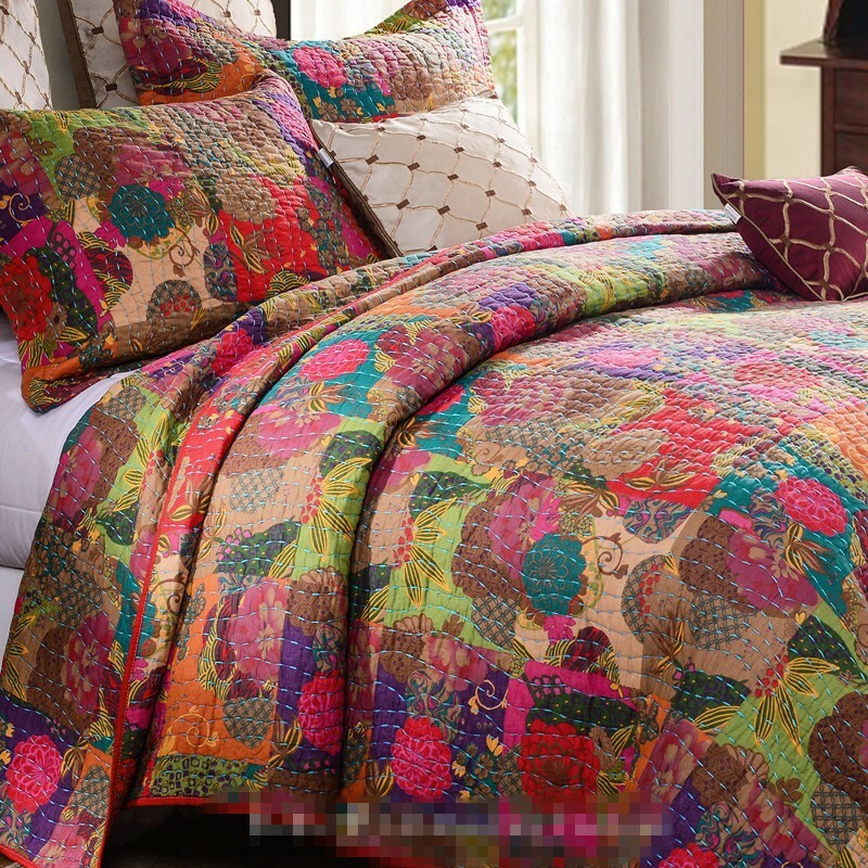 JEWEL RED 3p King QUILT SET : COTTON MOROCCAN BOHO FLORAL EXOTIC PRINT COMFORTER