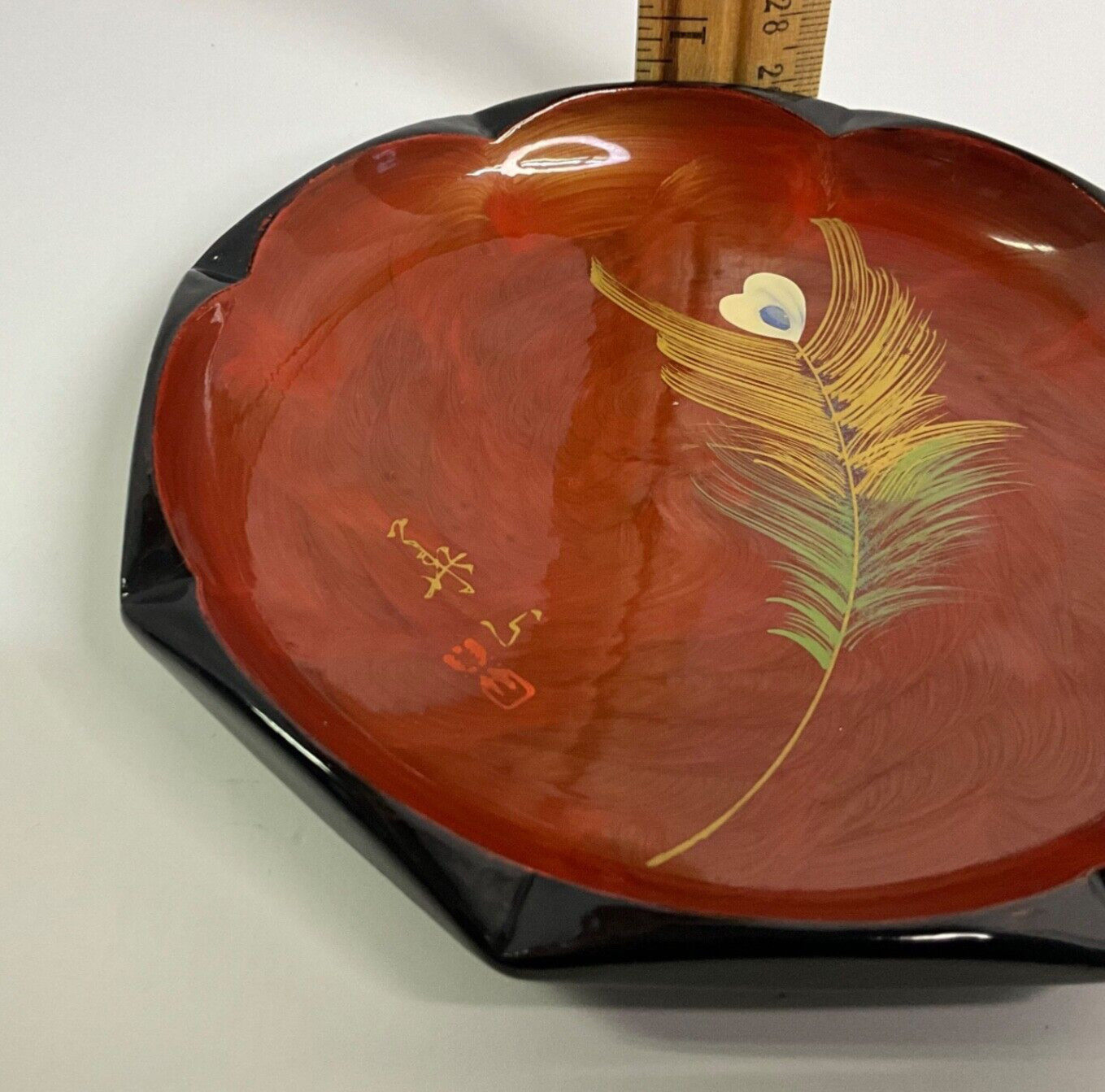 Vintage Asian Black with Red/Copper Lacquerware Octagonal Handpainted Feather 5”