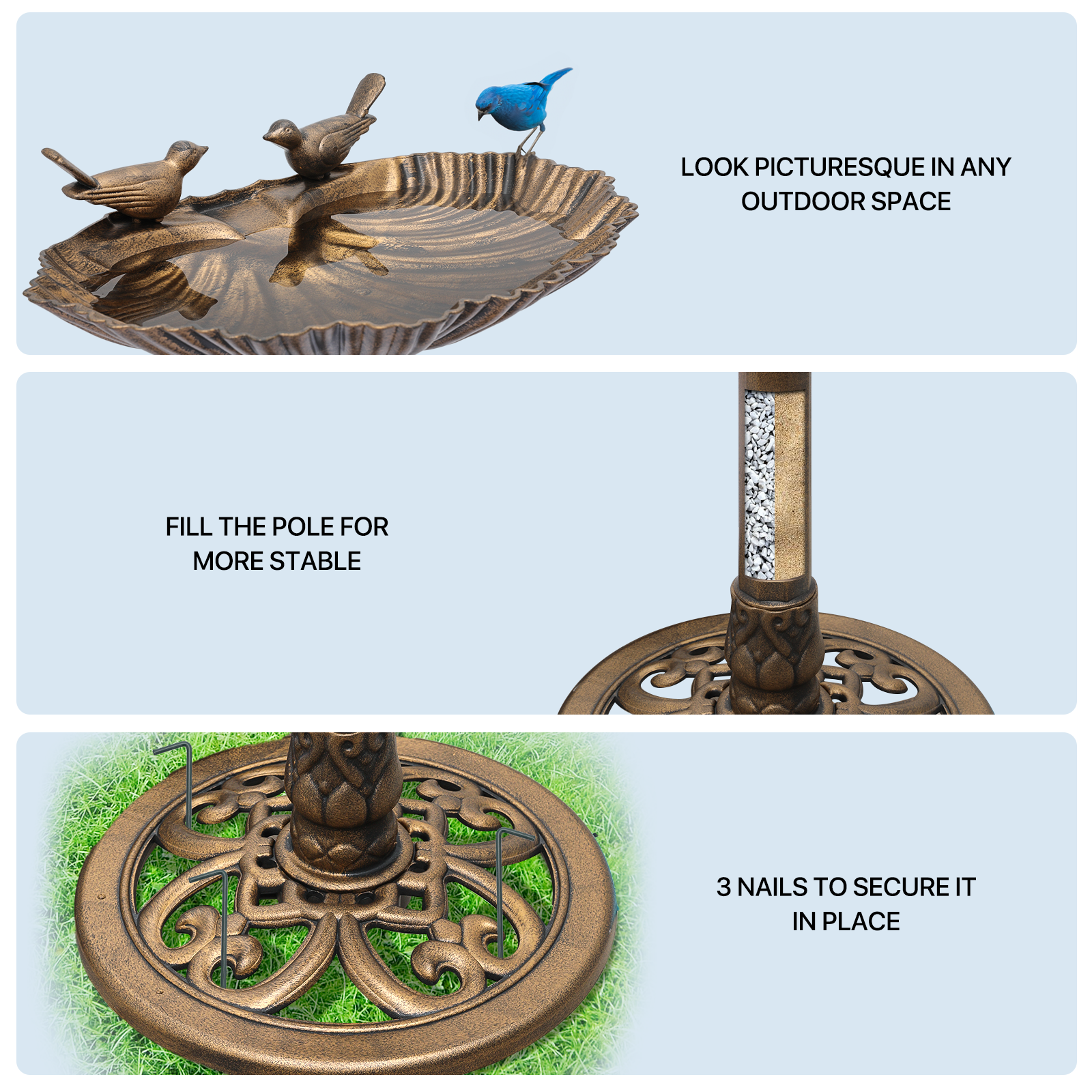 Outdoor Pedestal Solar Pumb Bird Bath Freestanding Bronze Garden Backyard Decor