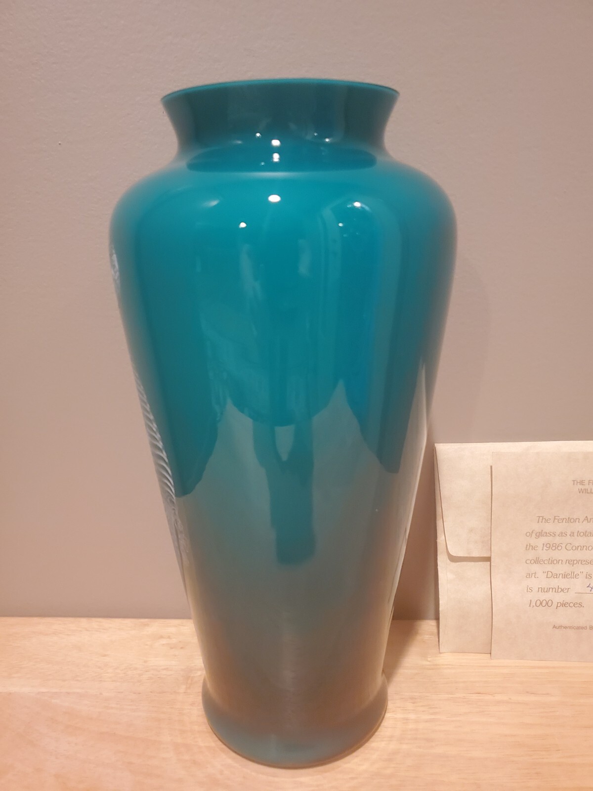 Fenton 1986 Sand carved Teal Vase Connoisseur Collection "Danielle"
