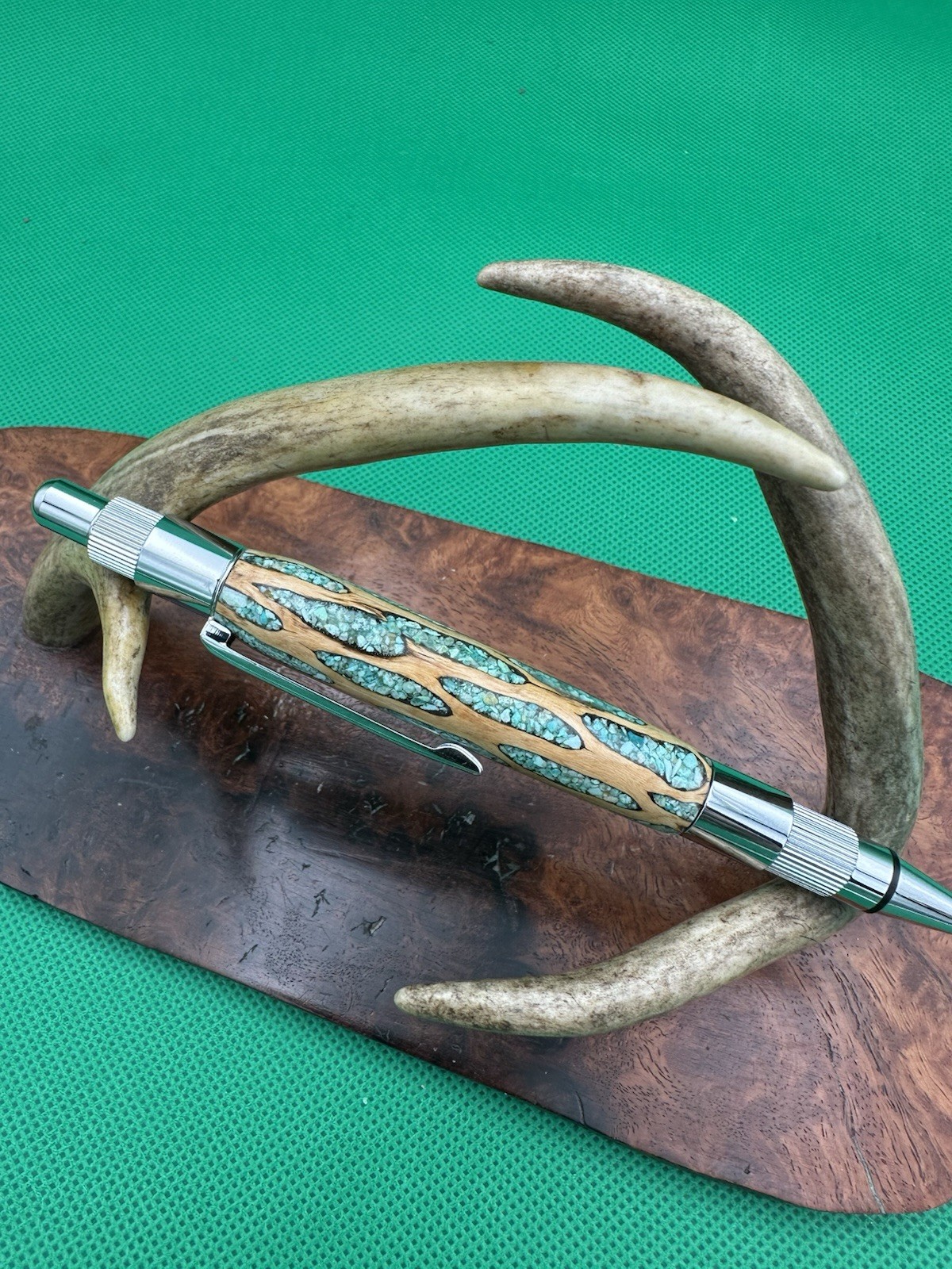 Hand Turned Mechanical Stratus Pencil With Cholla Cactus Inlaid Turquoise Chrome