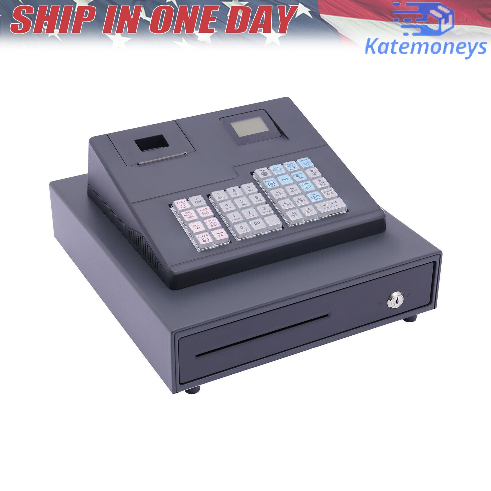 38 Keys Electronic Cash Register Black Thermal Cash Register with Cash Drawer