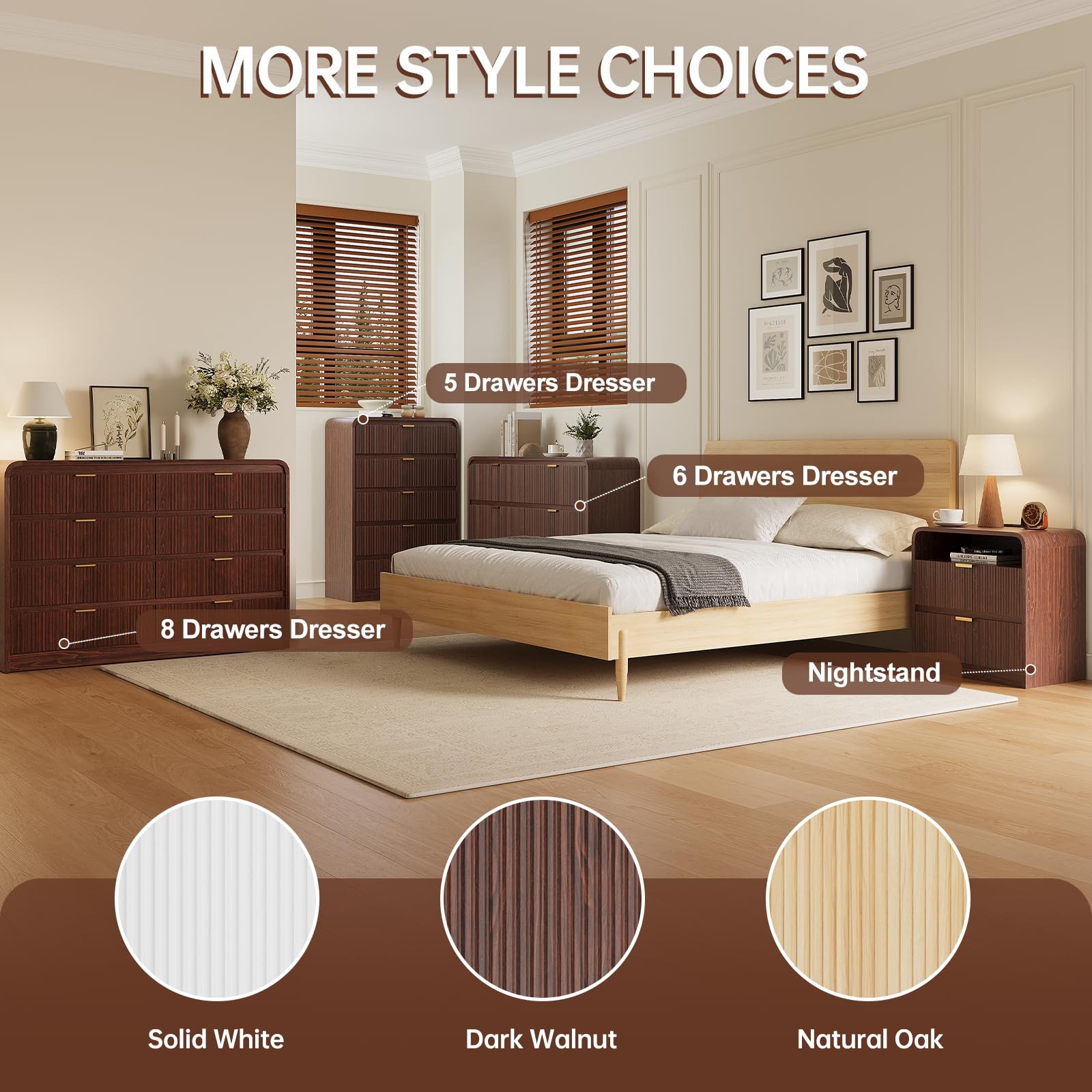 Fluted 5 Drawers Dresser for Bedroom, 48" Tall Wooden Modern Dresser,Dark Walnut