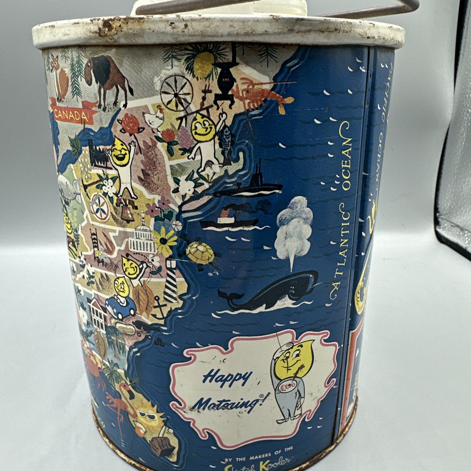 Vintage ESSO Skotch Cooler Thermos Happy Motoring Water Jug Characters USA Map