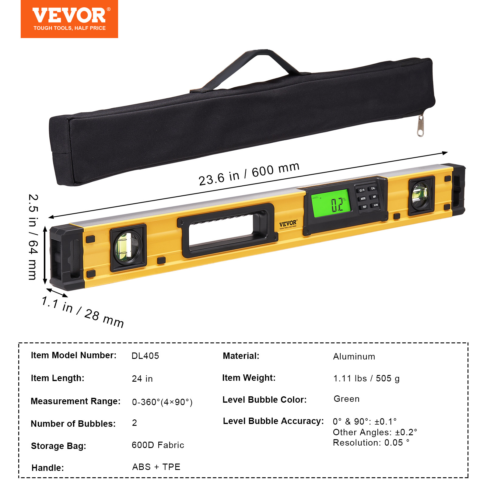 VEVOR Torpedo Level Magnetic 24 in Digital LED Screen Gravity Sensor Waterproof