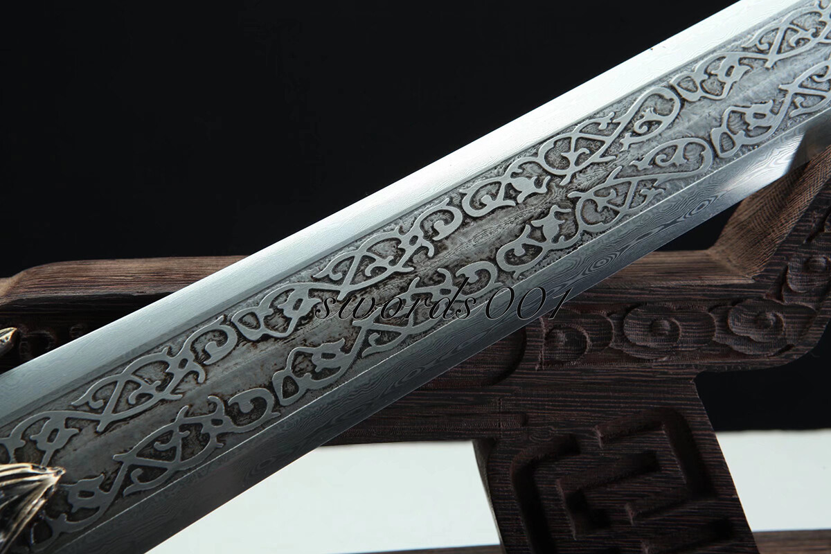Handmade Exquisite Brass Handle Short Sword Damascus Steel Blade Leather Sheath