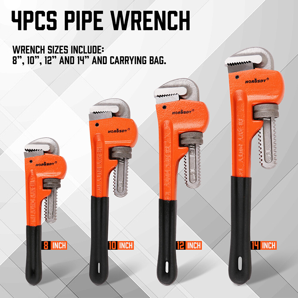 4pc Pipe Wrench Set Monkey Heat Treated Adjustable Heavy Duty 8" 10" 12" 14" NEW