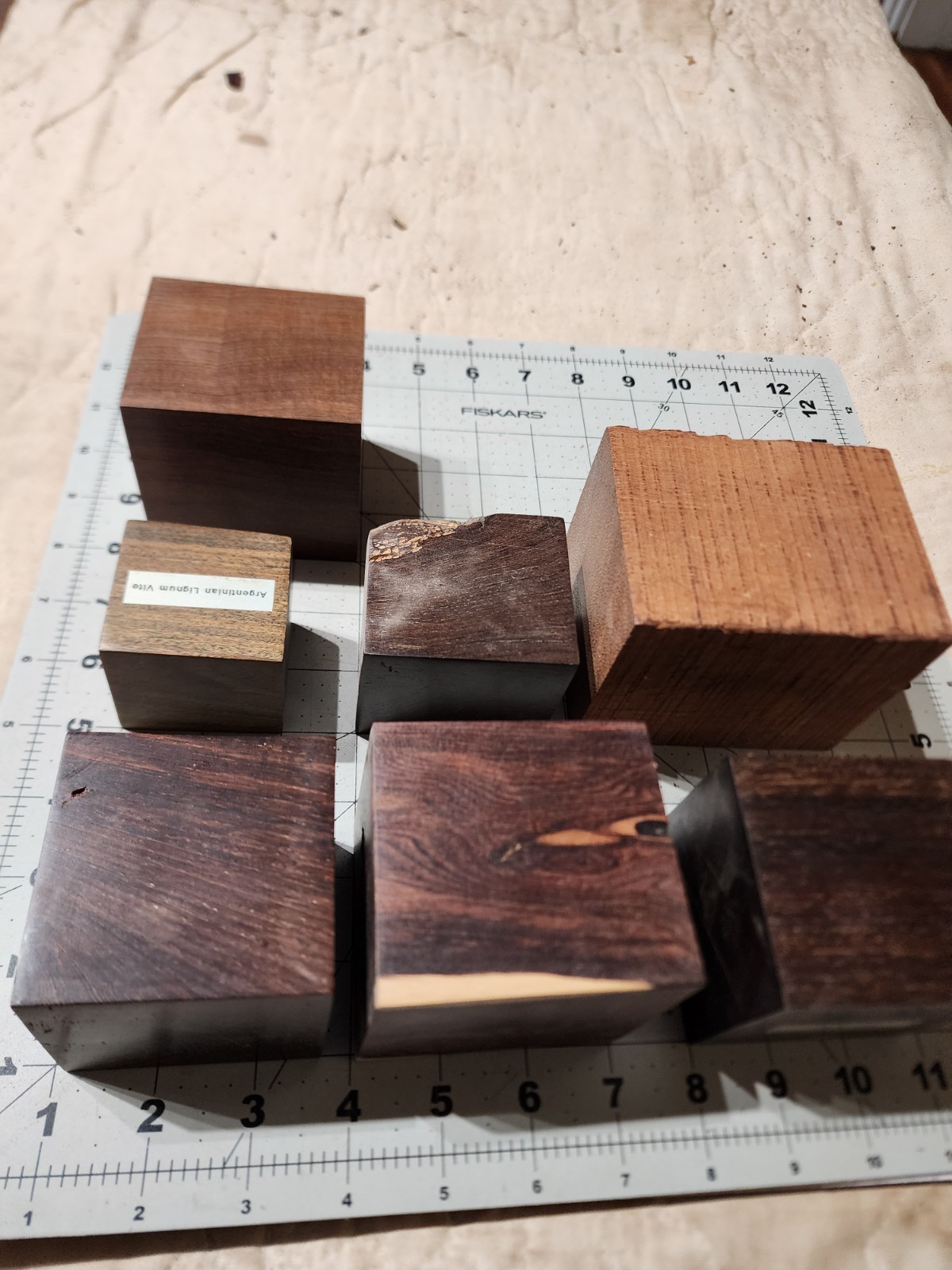 Seven Exotic Wood Cubes, 2 To 3" Square, For Turning Or Samples