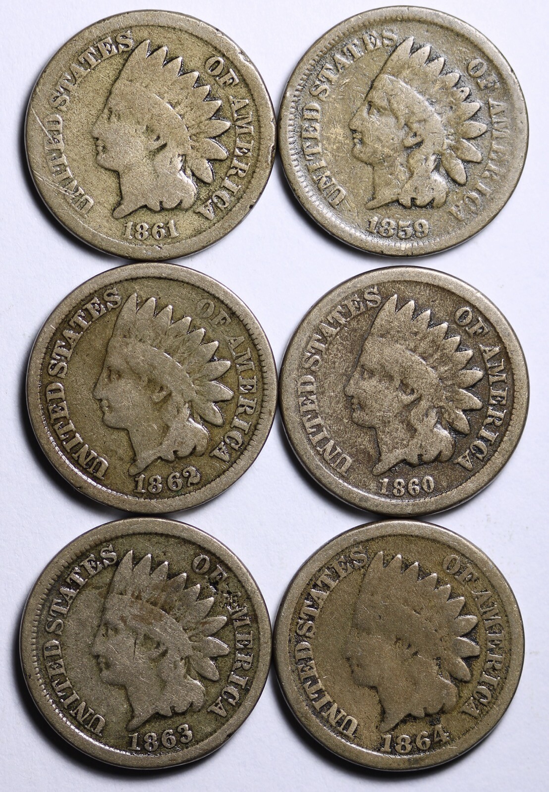 1859-1864 CN SHORT SET INDIAN HEAD CENT LOT OF 6 G/VG FREE SHIPPING 