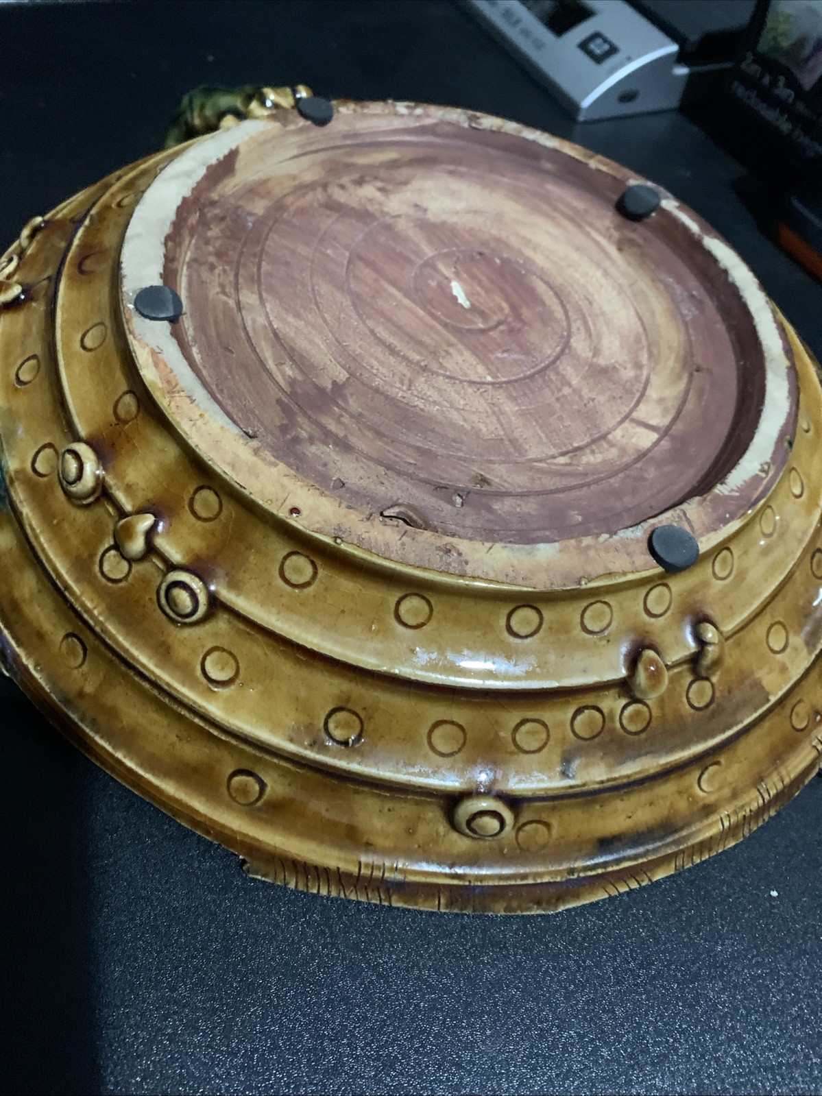 Vintage Mission Style Pottery Dragonfly Collectable Art Pottery Green Bowl 11"