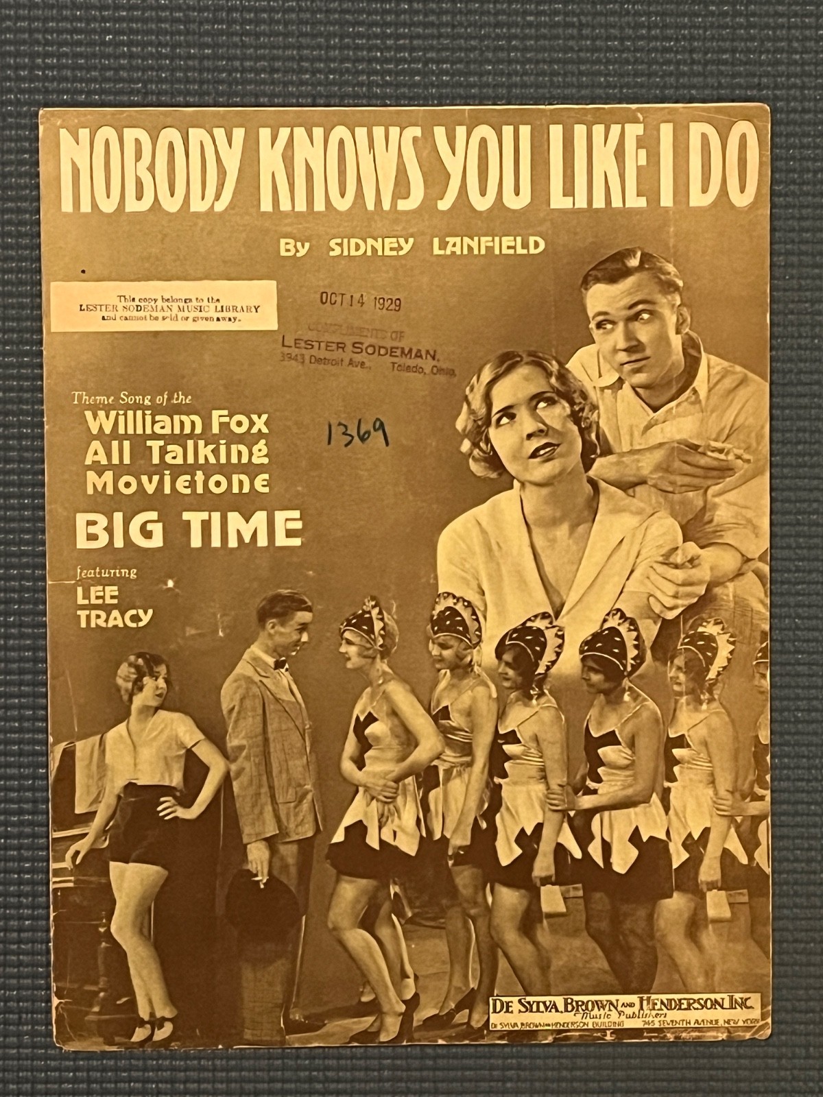 Nobody Knows You Like I Do sheet music,1929, from Big Time film, w/Lee Tracy
