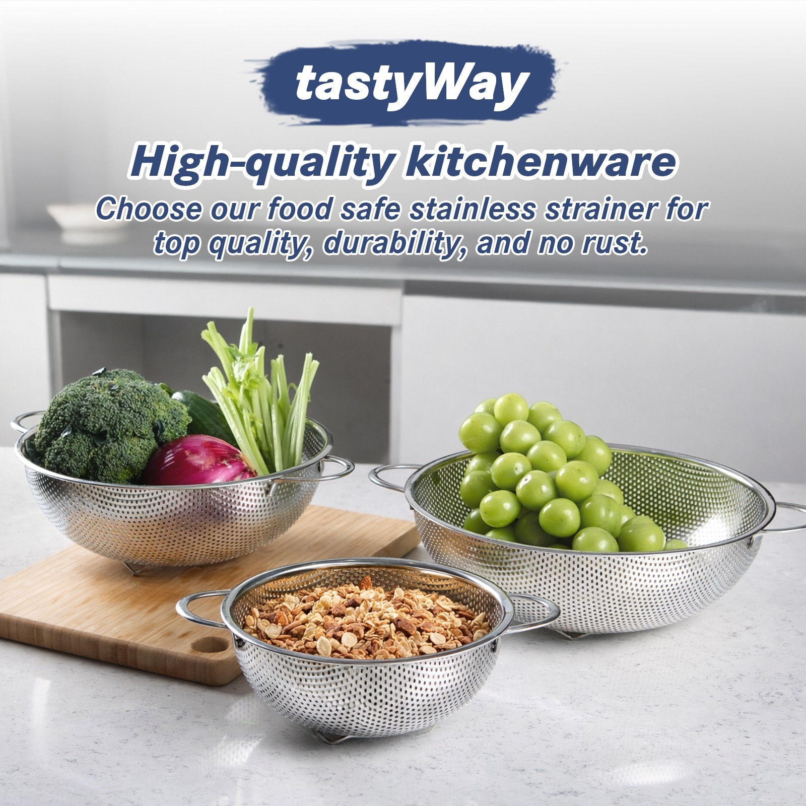 tastyWay 3Pcs Colander Set Stainless Steel Kitchen Bowl Drainer Vegetable Sieve