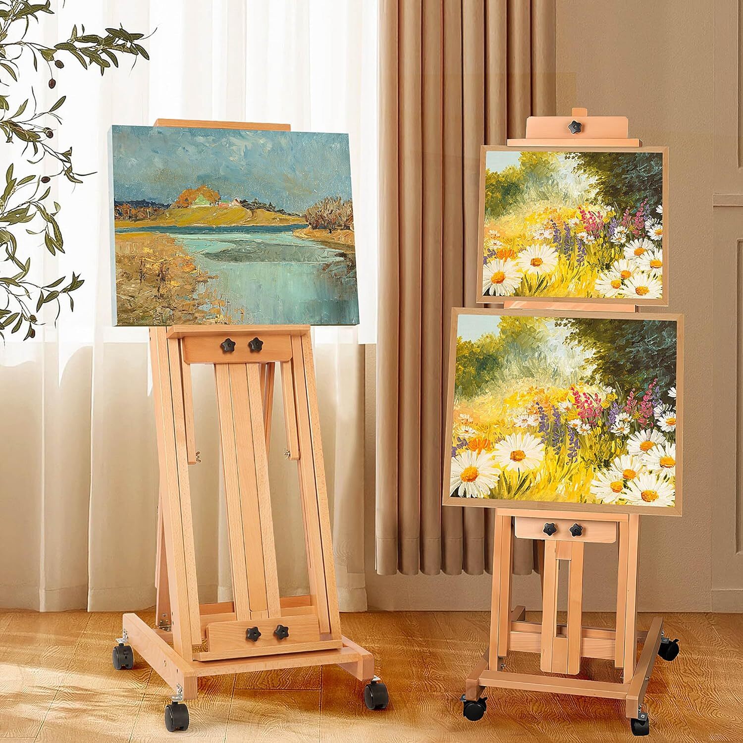 87 Inch Wood Studio Artist Easel Beech Wood Painting Art Easel Standing H-Frame