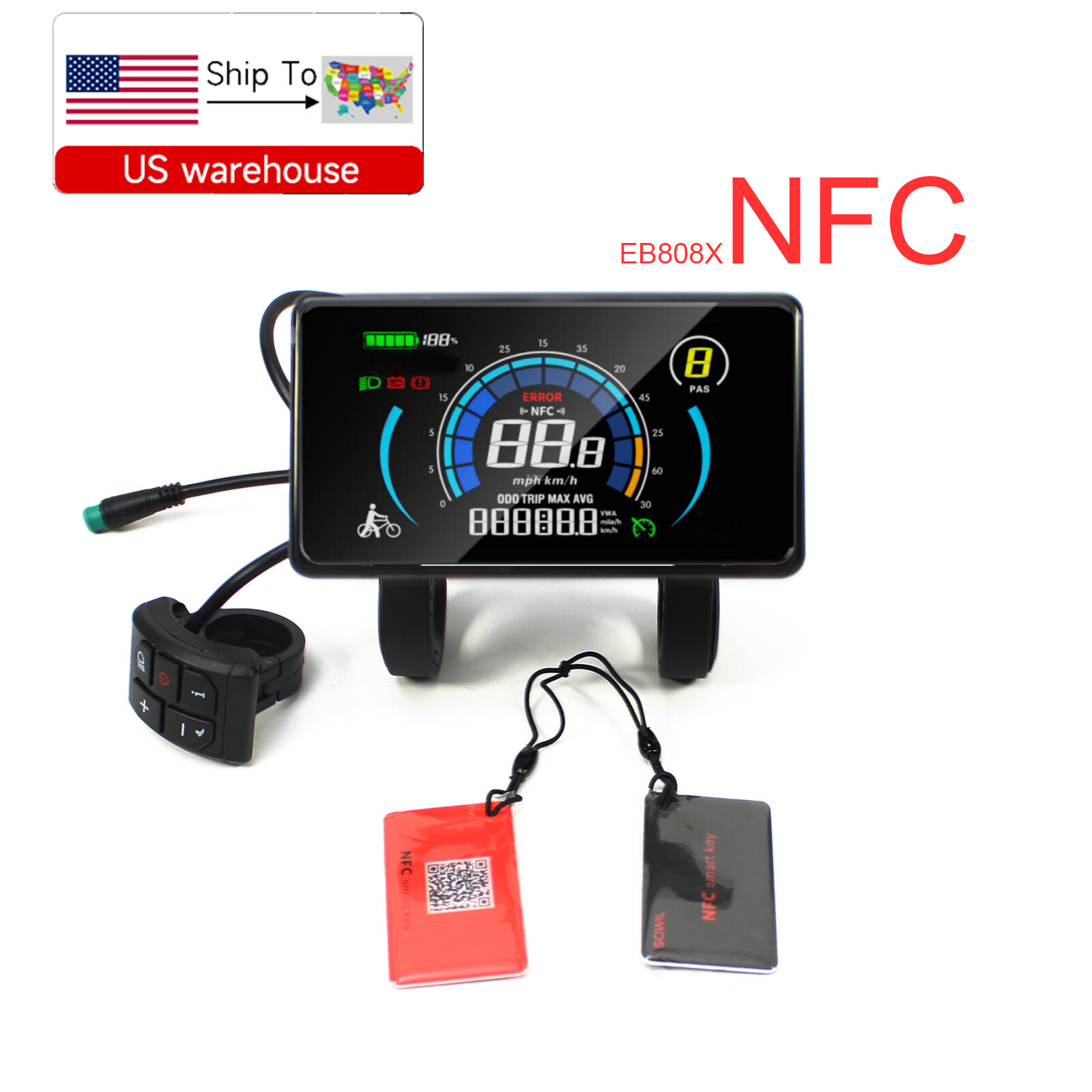 E-Bike 24/-72V 4inch Colour LCD Display Power Speed Meter PAS Gear Control w/NFC