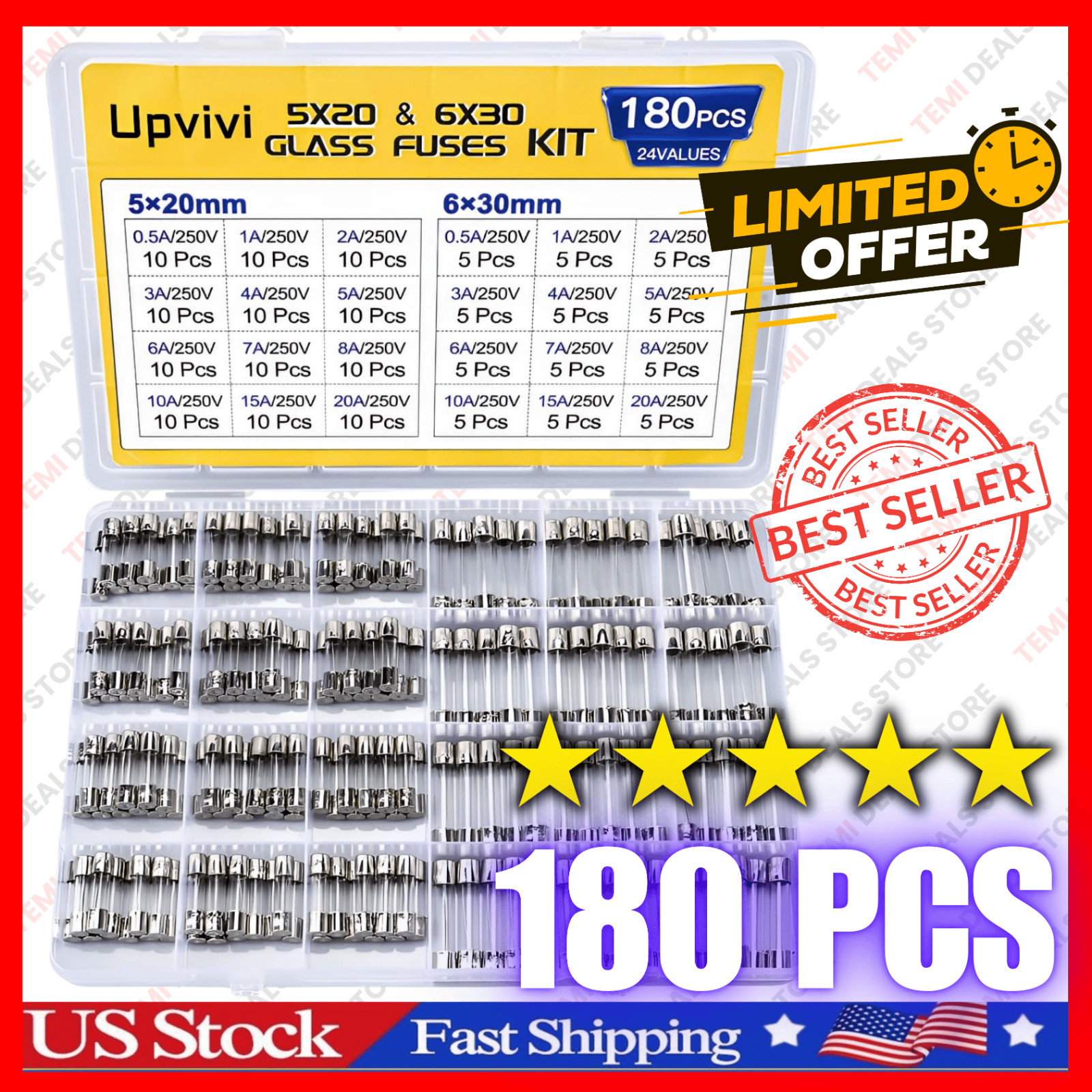 Fast Blow Glass Fuse Assortment Kit, 24 Values Glass Fuses 250V 5x20mm 0.5A NEW*