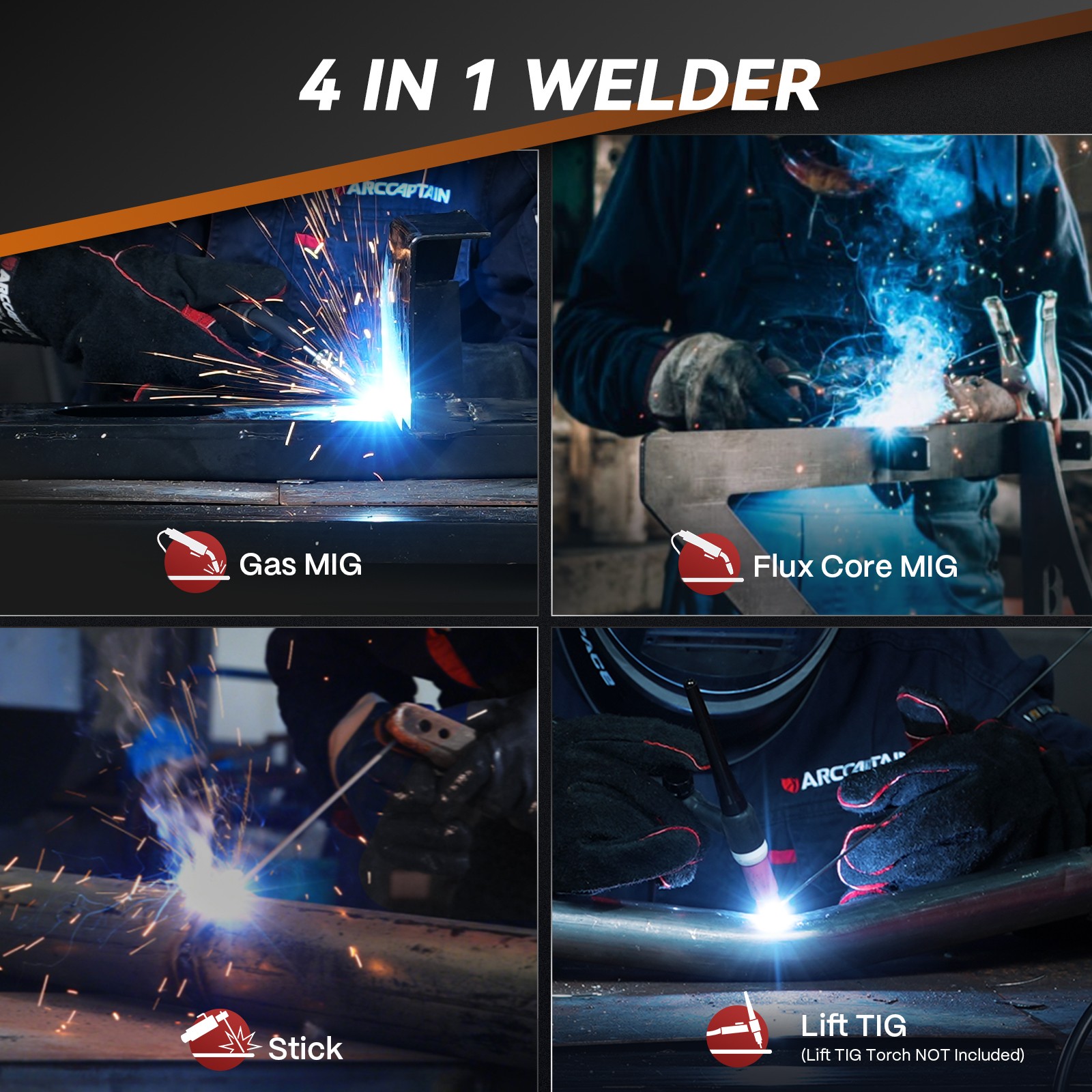 ARCCAPTAIN 165A MIG Welder Large LED Display 4 in 1 Gasless/Gas MIG/Lift TIG