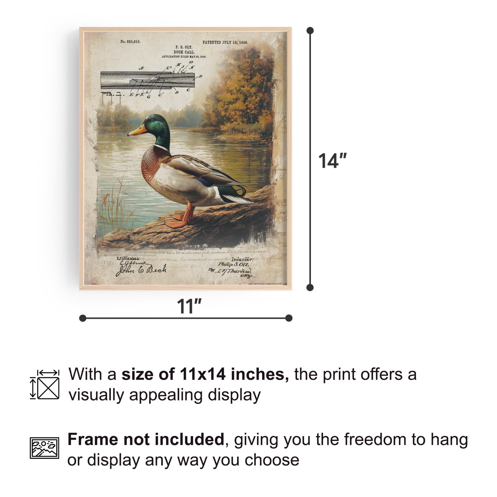 Vintage Duck Hunting Call Patent Art Print Mallard Duck Decoy Cabin Wall Decor