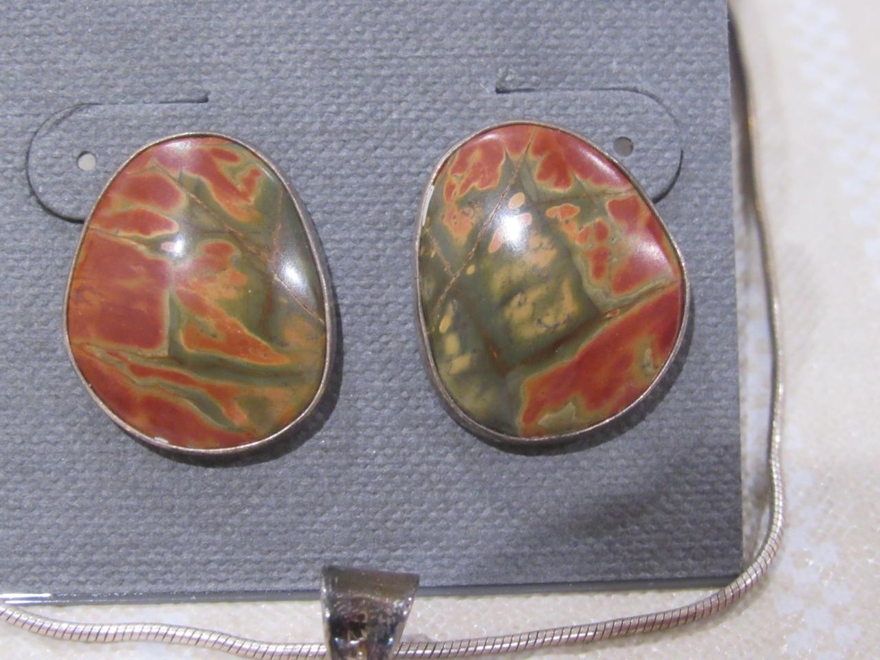 Charles Albert Red Jasper Gemstone Sterling  925 Earrings & Necklace - 20 Grams