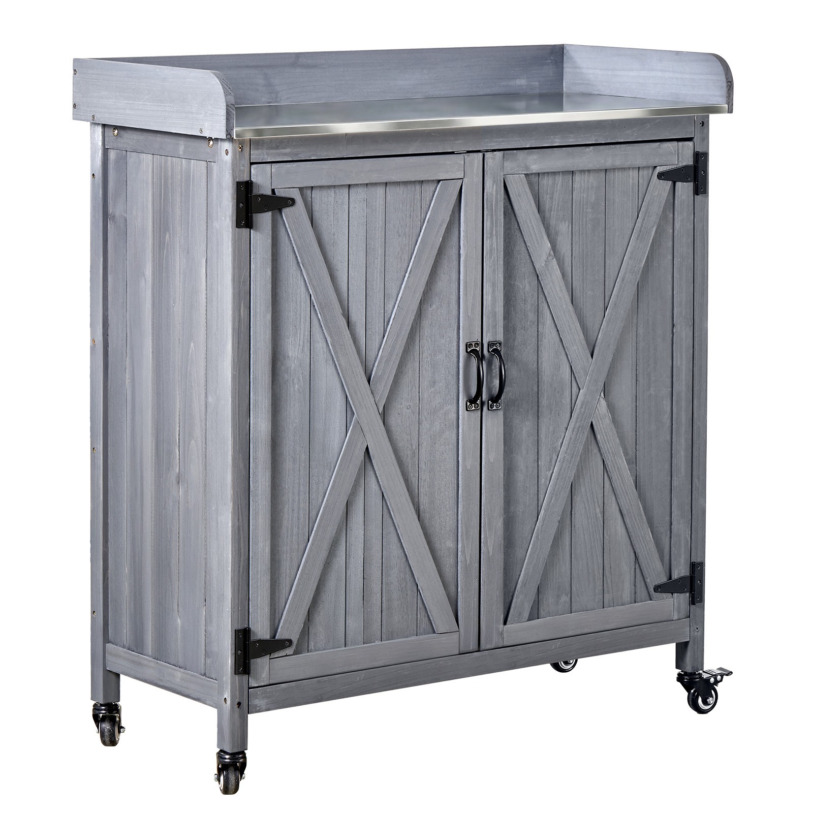 Uimoso Outdoor Wooden Potting Bench with Iron Work Surface and Storage Cabinet