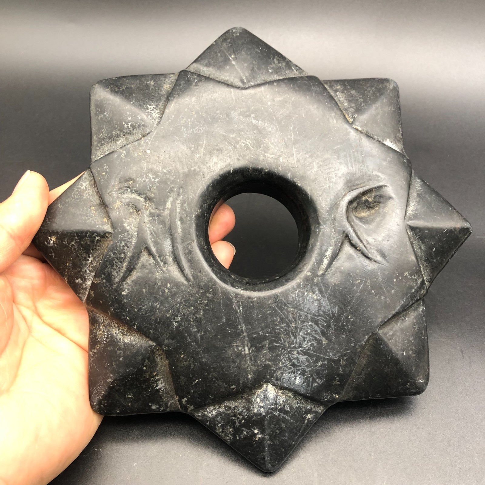 Old HongShan Culture Meteorite Jade Hand-Carved Fengshui Octagon Star Statue