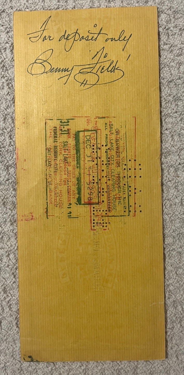 El Rancho Vegas Hotel Check To Singer Entertainer Benny Fields Signed Check 1951